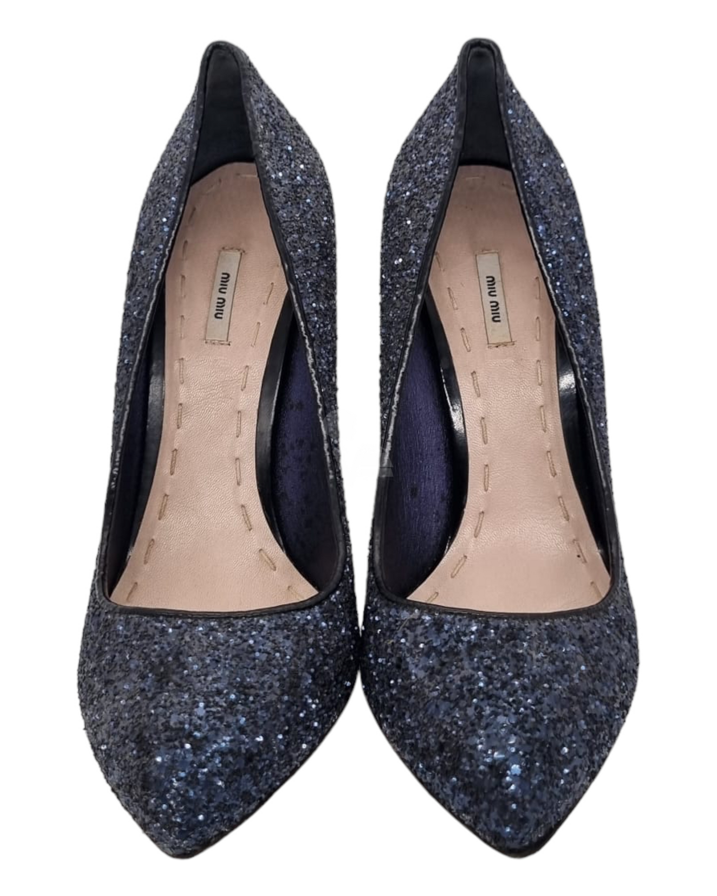 Miu Miu Blue Navy Glitter Heels 39.5 insole 26