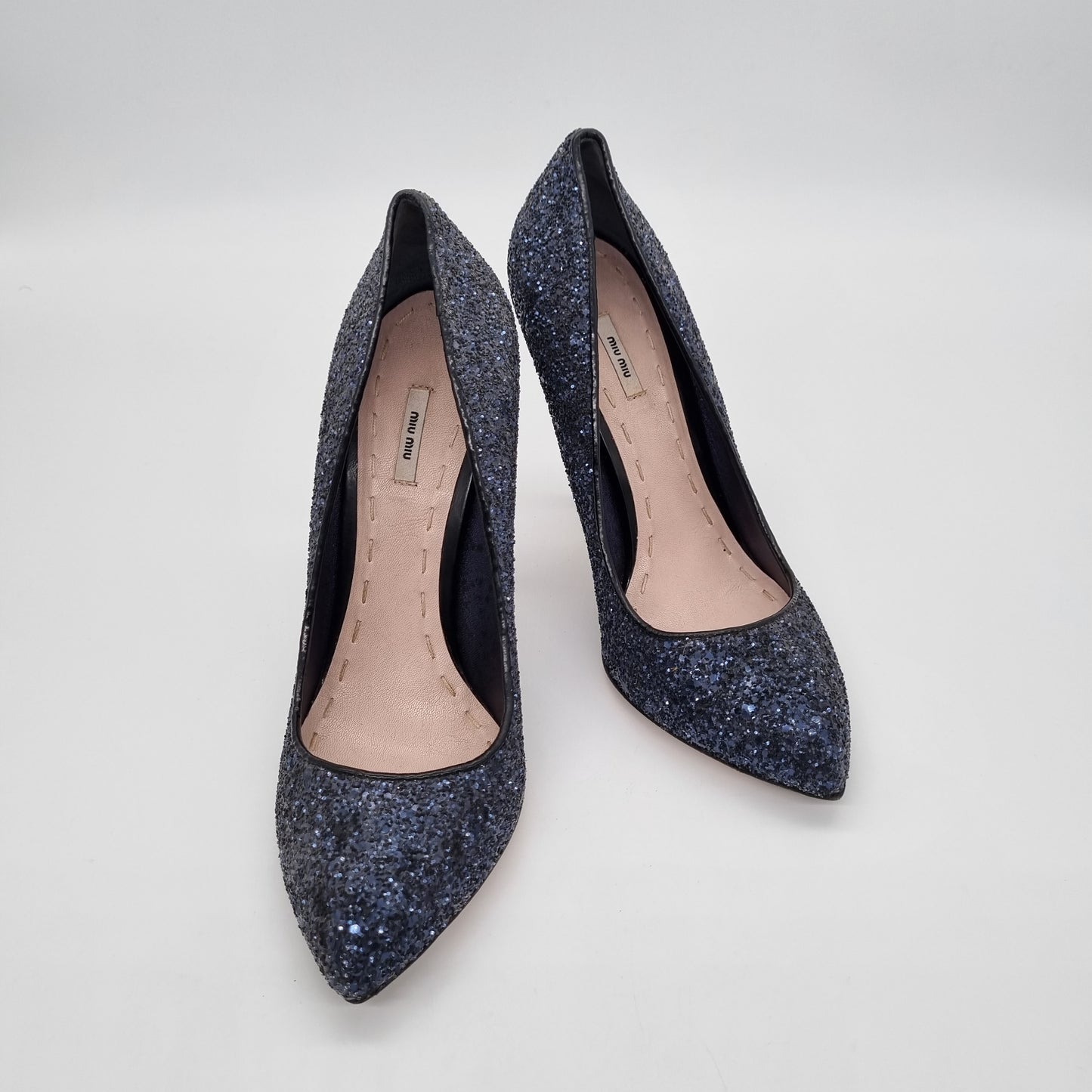 Miu Miu Blue Navy Glitter Heels 39.5 insole 26