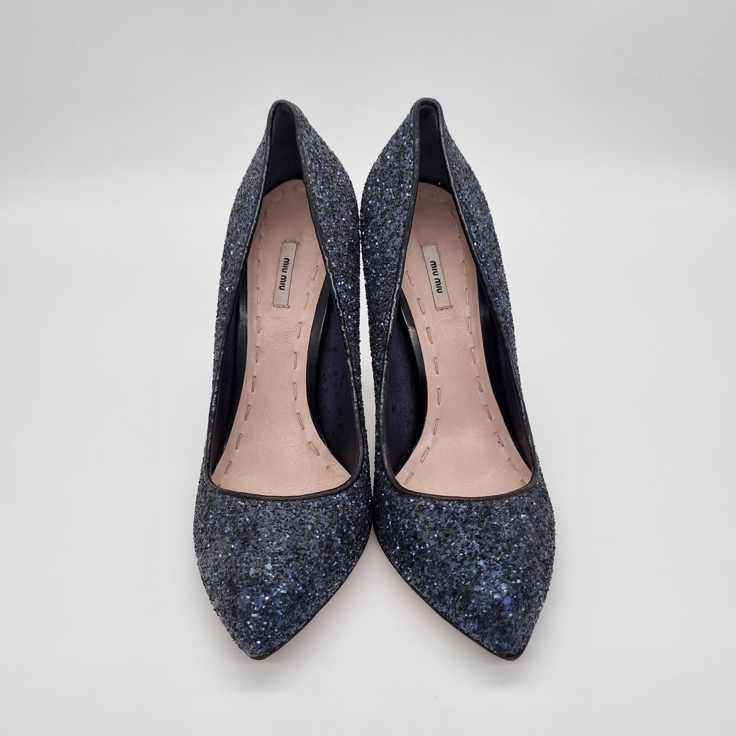 Miu Miu Blue Navy Glitter Heels 39.5 insole 26
