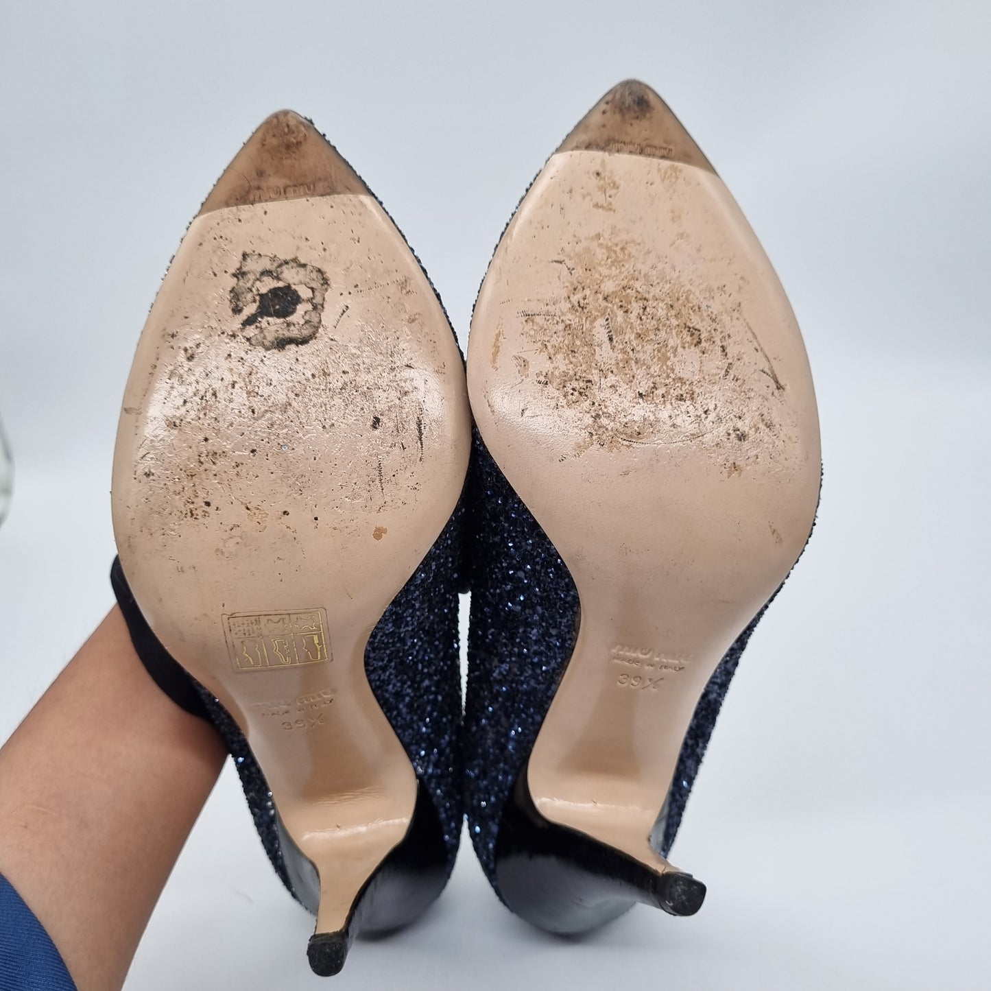 Miu Miu Blue Navy Glitter Heels 39.5 insole 26