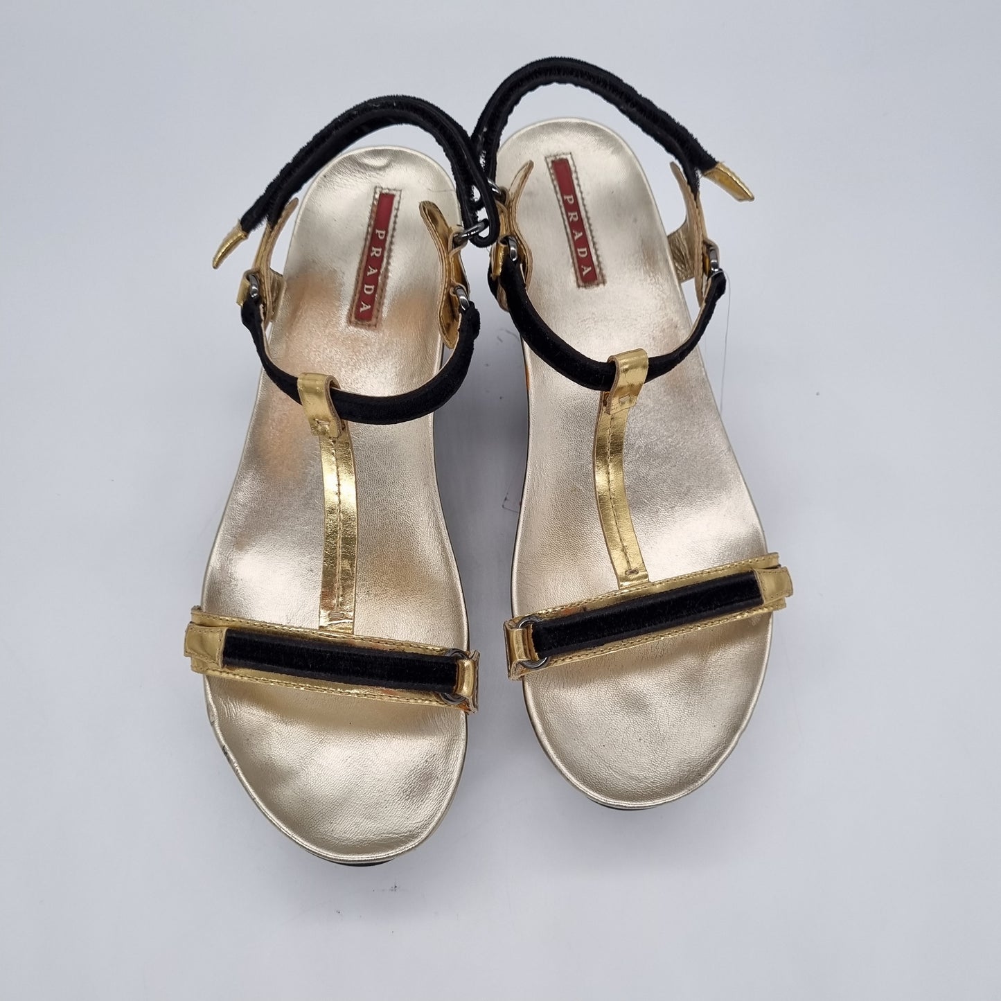 Prada Wedges Gold Strap Black Velvet Size 38,5/25
