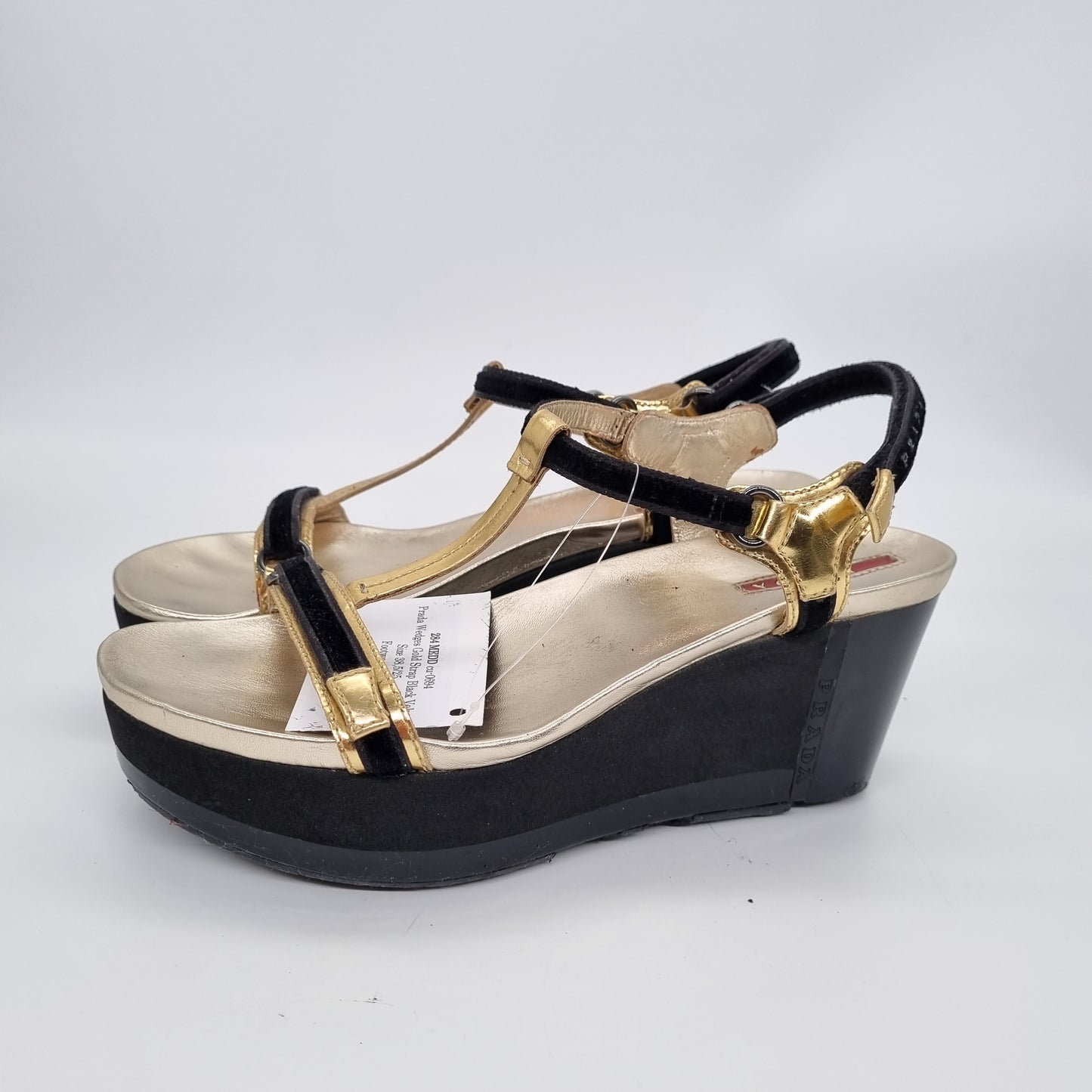 Prada Wedges Gold Strap Black Velvet Size 38,5/25