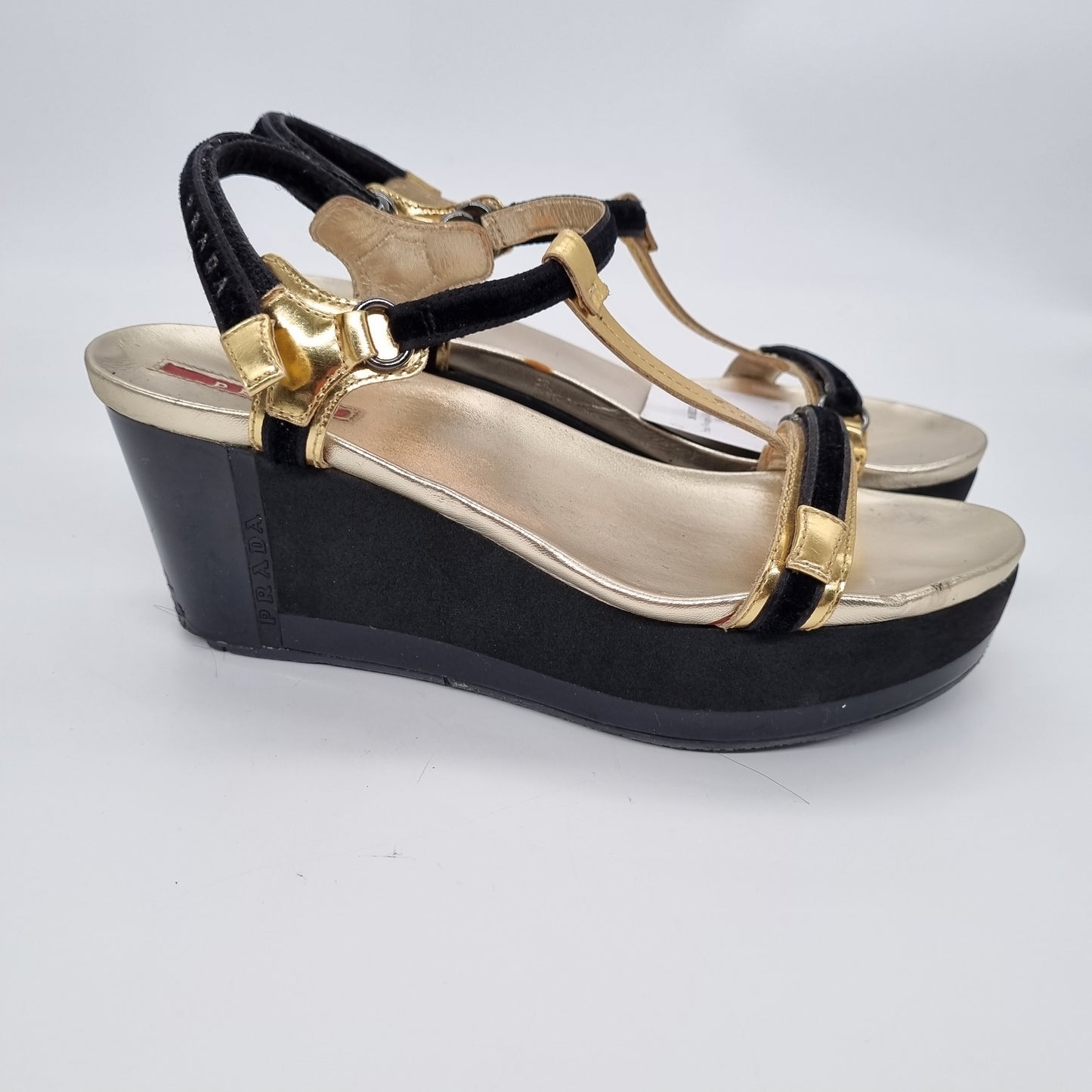 Prada Wedges Gold Strap Black Velvet Size 38,5/25