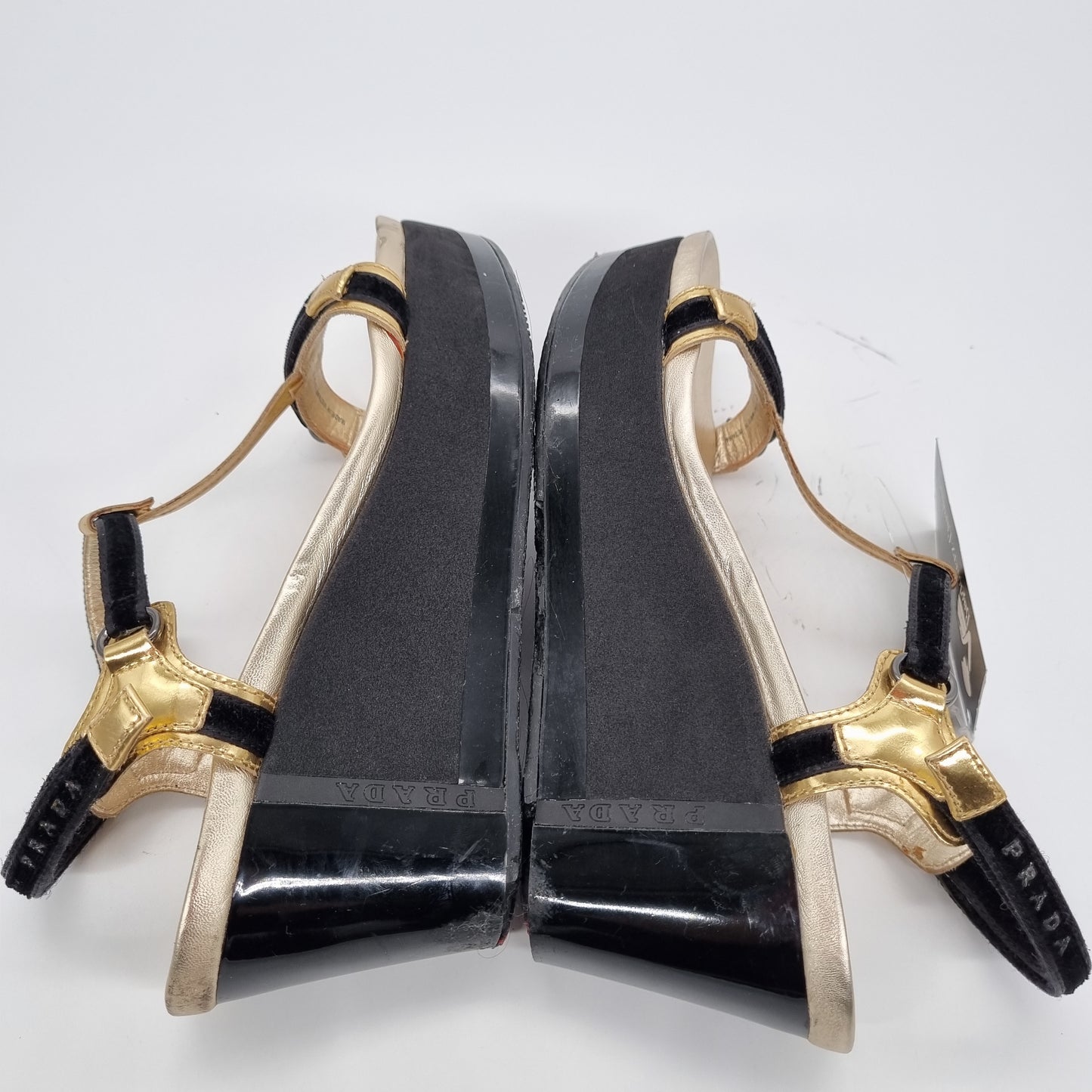 Prada Wedges Gold Strap Black Velvet Size 38,5/25