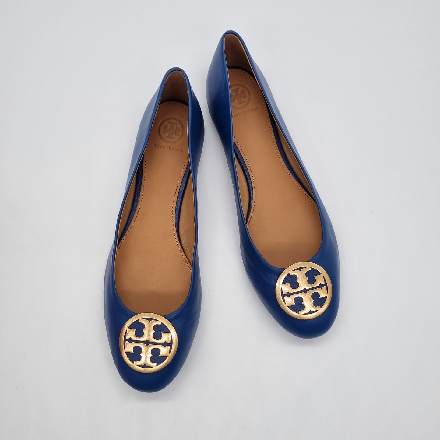 Tory Burch Minnie Travel Ballet With Metal Logo Nappa Leather Ink Navy NBU Size 10/26,5