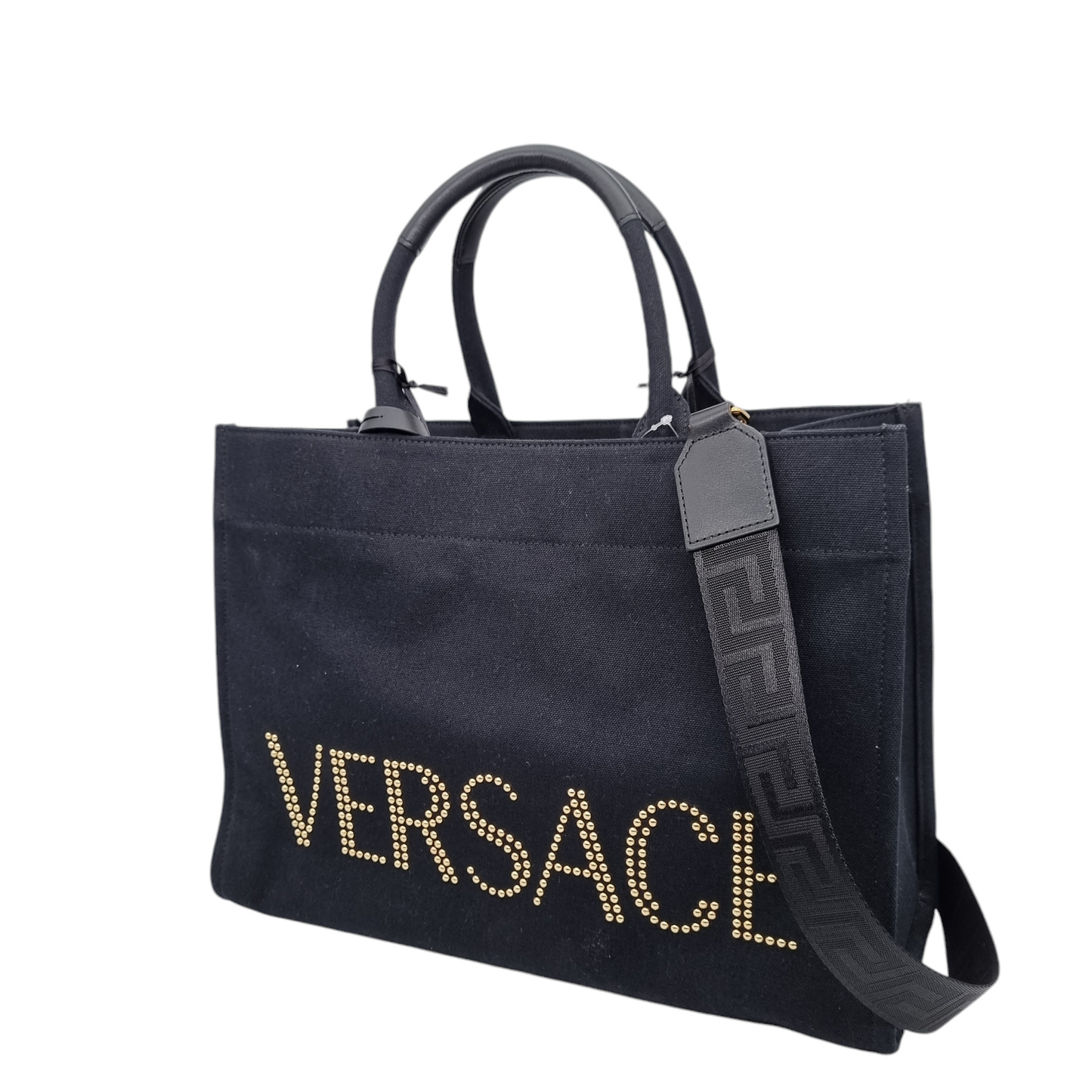 Versace Large Tote Bag With Logo Fabric Stud Black Size 39x16x28