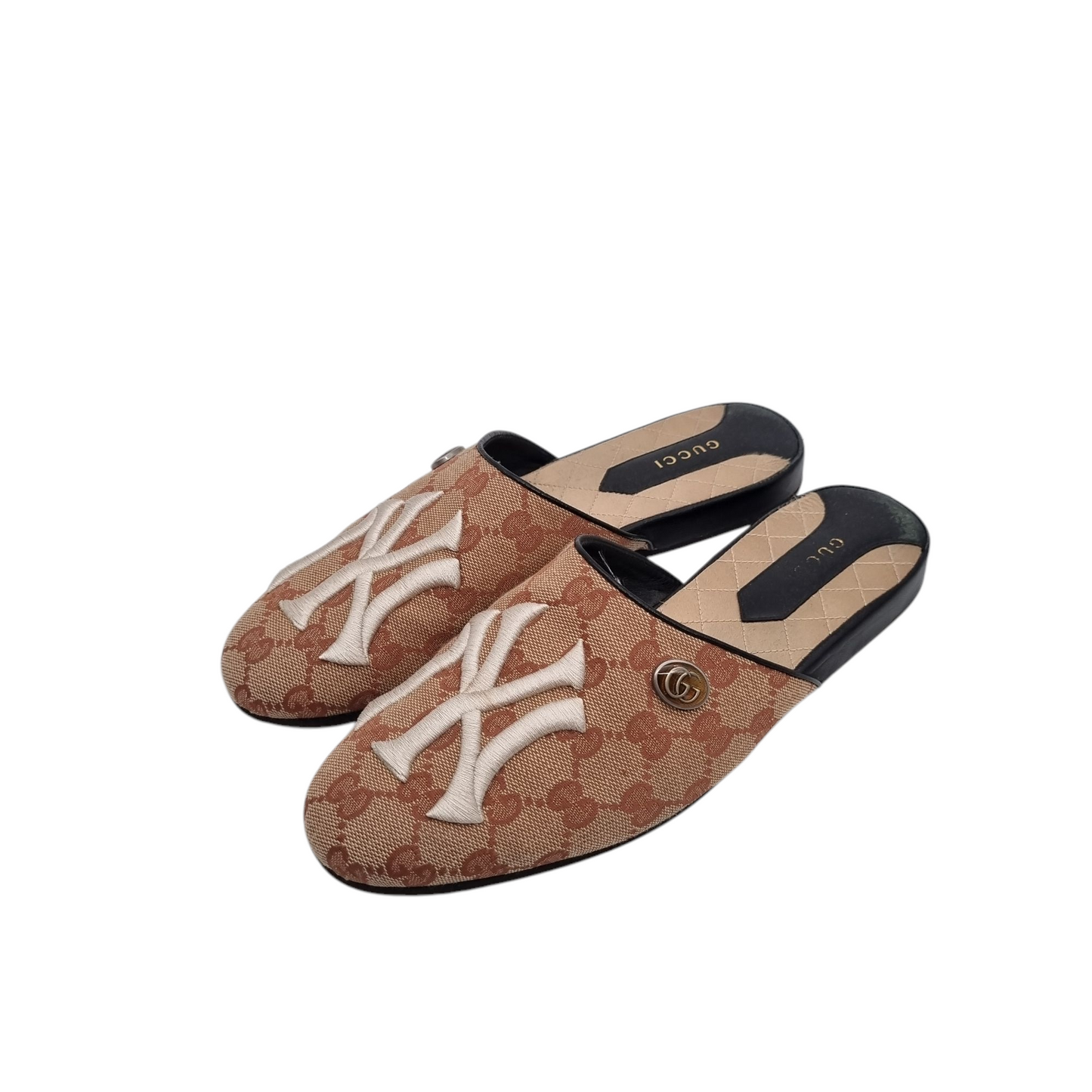 Gucci Logo Print NY Yankess Mules Beige Size 37,5/26