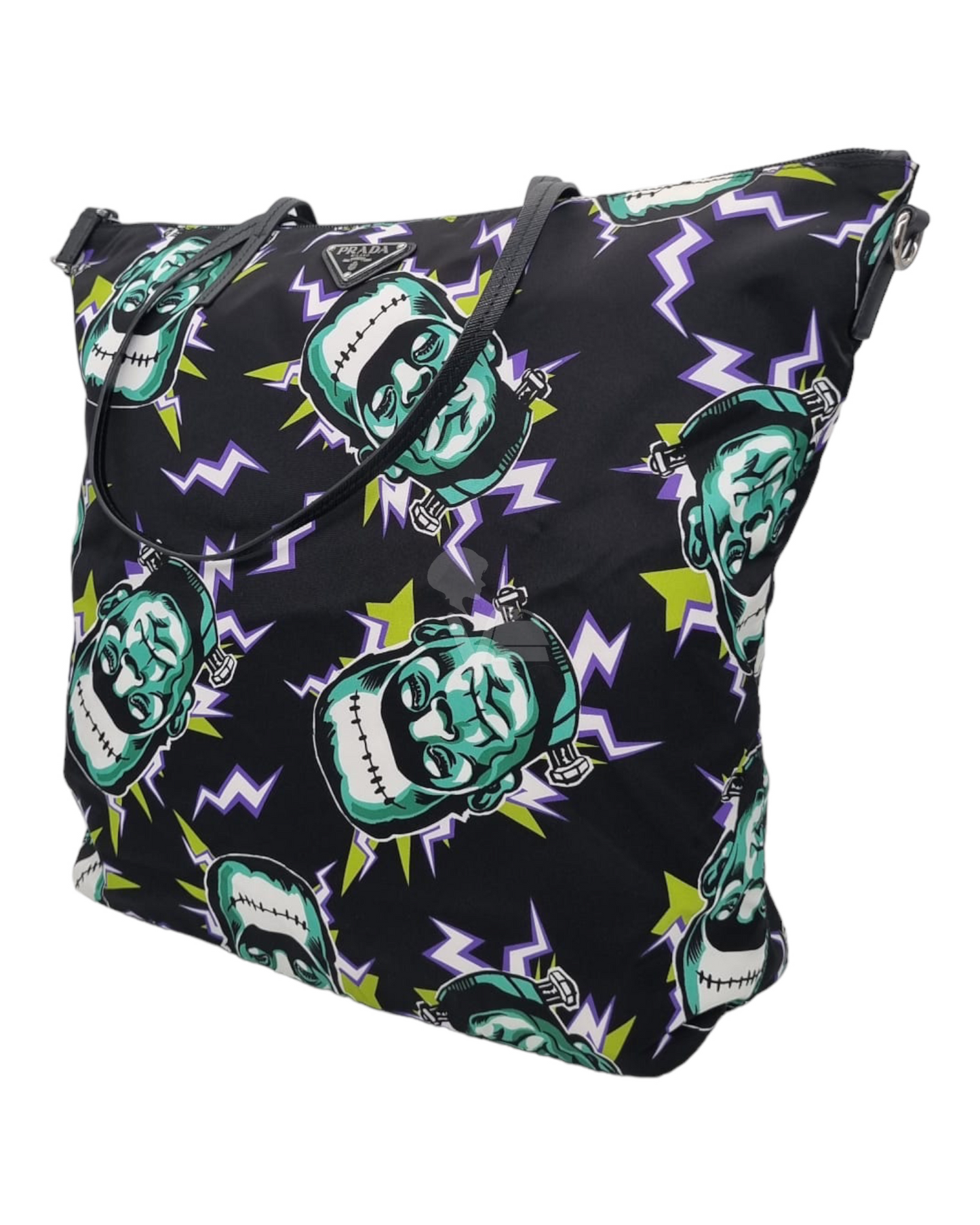 Prada Frankenstein Print Nylon Triangle Logo Swimming Tote Bag Black Size 33x13x36