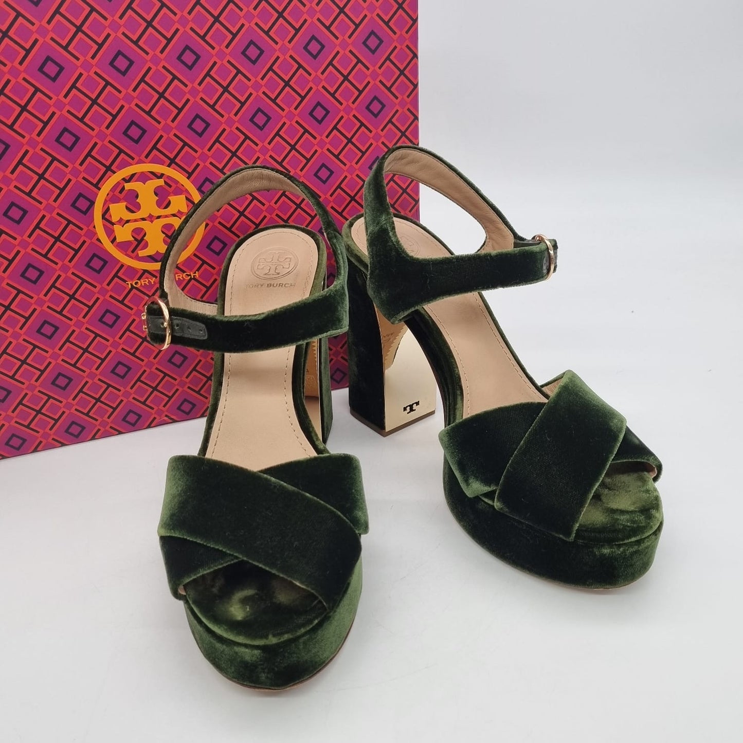 Tory Burch Loretta 115MM Platform Sandal Velvet Banana Leaf Size 7,5/24,5