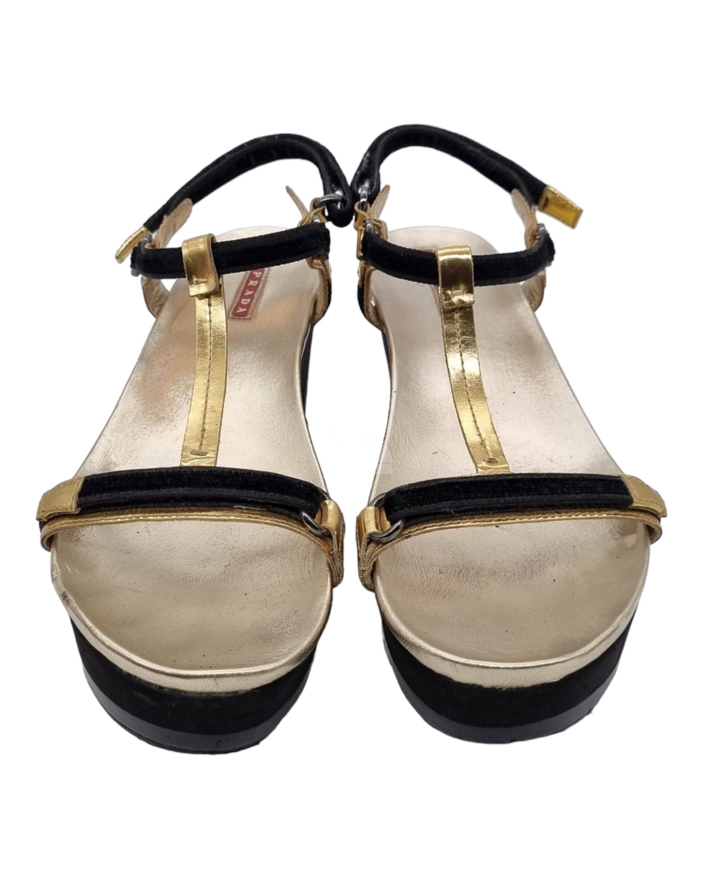 Prada Wedges Gold Strap Black Velvet Size 38,5/25