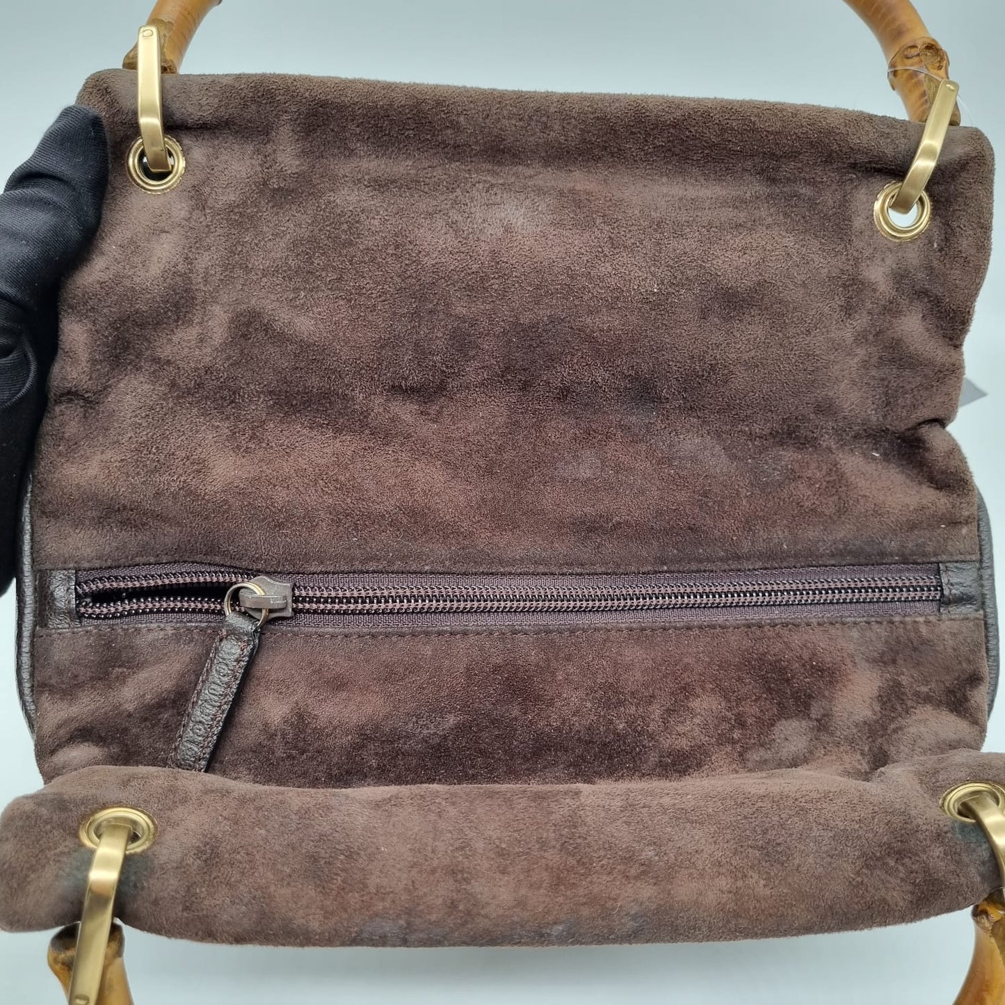 Gucci Bamboo Handbag Suede Brown Size 25x9x20