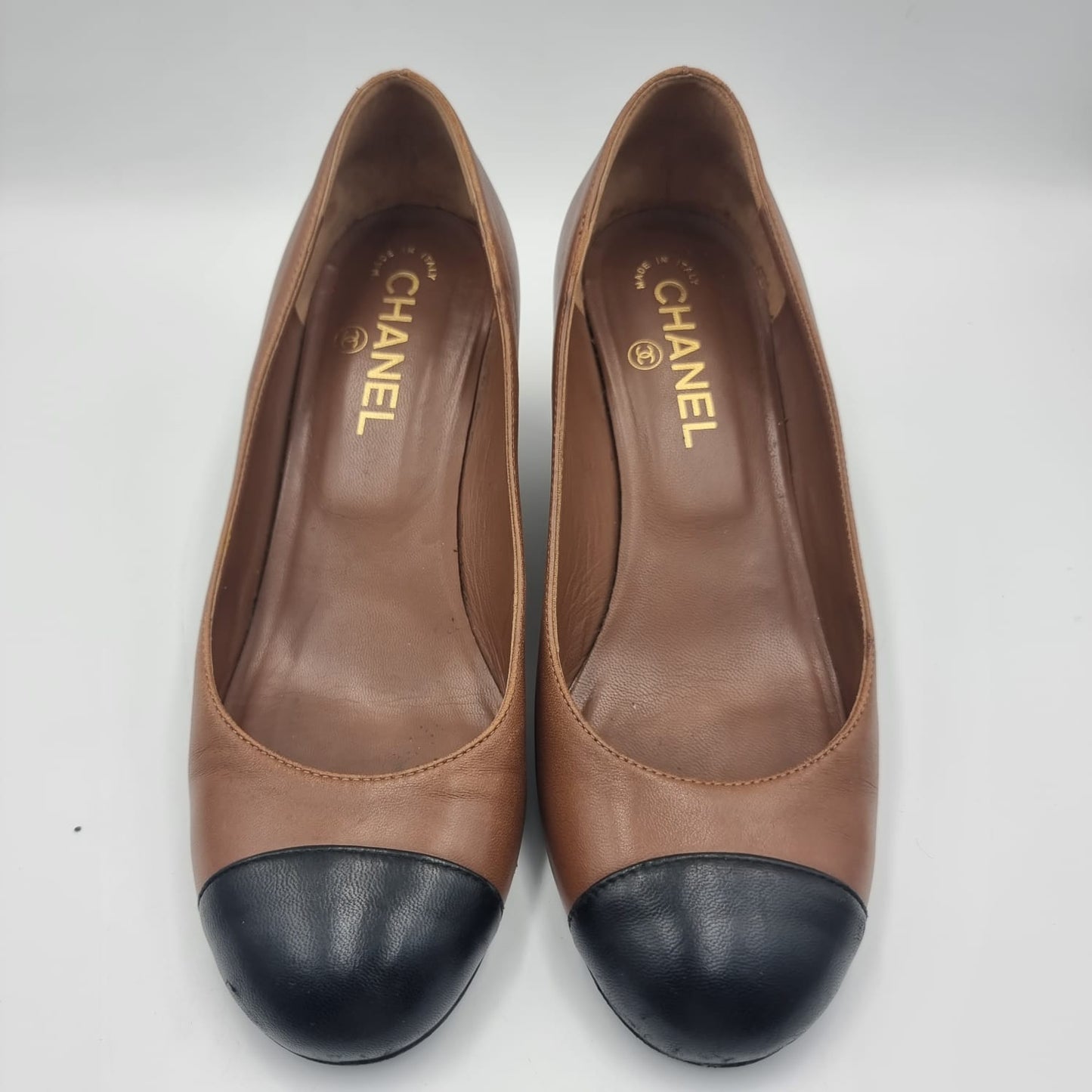 Chanel lambskin Cap toe wedges Size 37.5/24.5