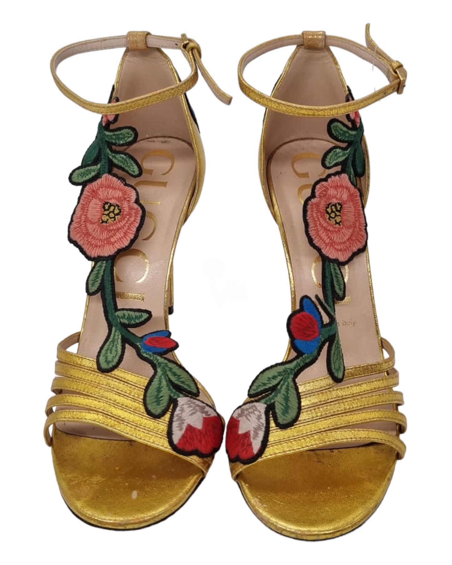 Gucci Ophelia Flower Gold Heels size 38 insole 25