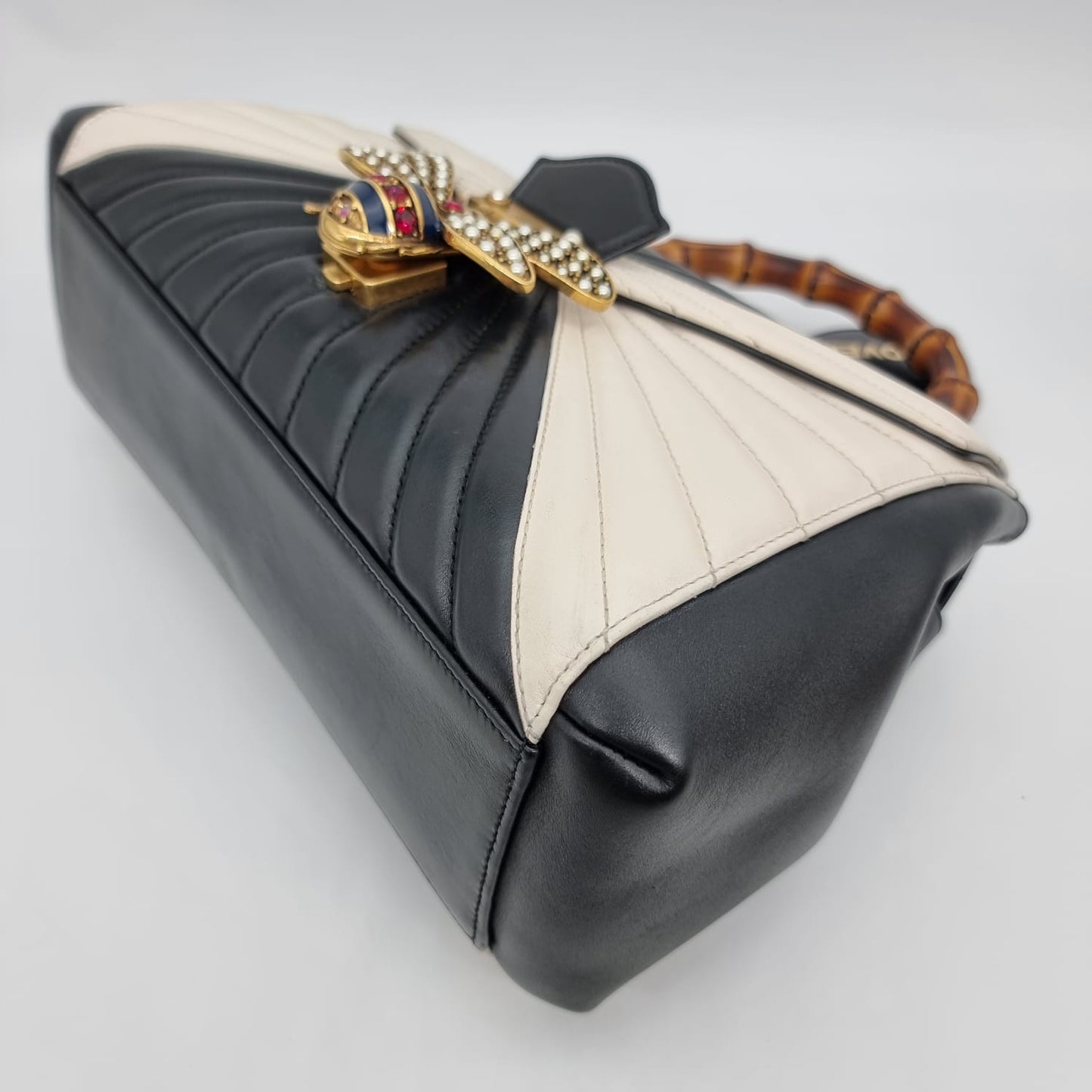 Gucci Bamboo Queen Margaret Top Handle Black White Size 30x8x22