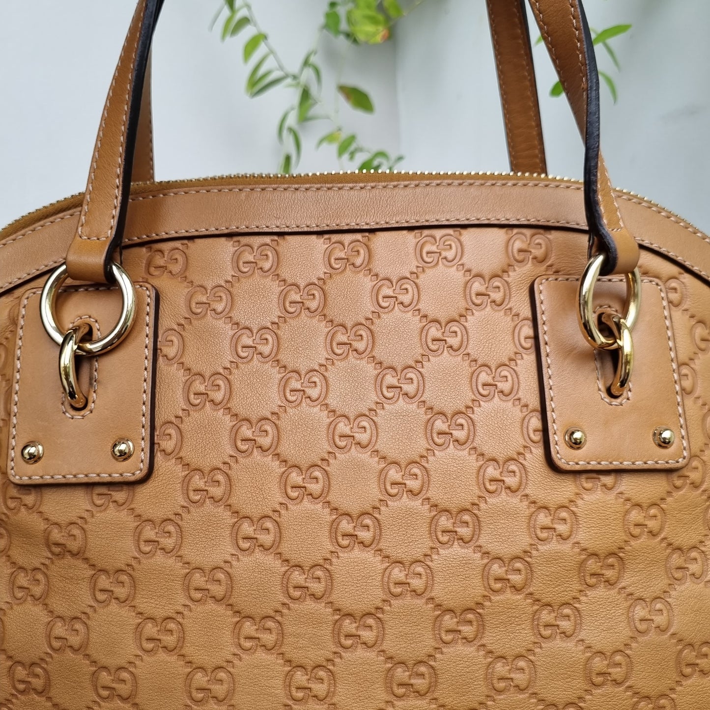Gucci Guccissima GG Charm Convertible Dome Satchel Tan Size 38x19x34