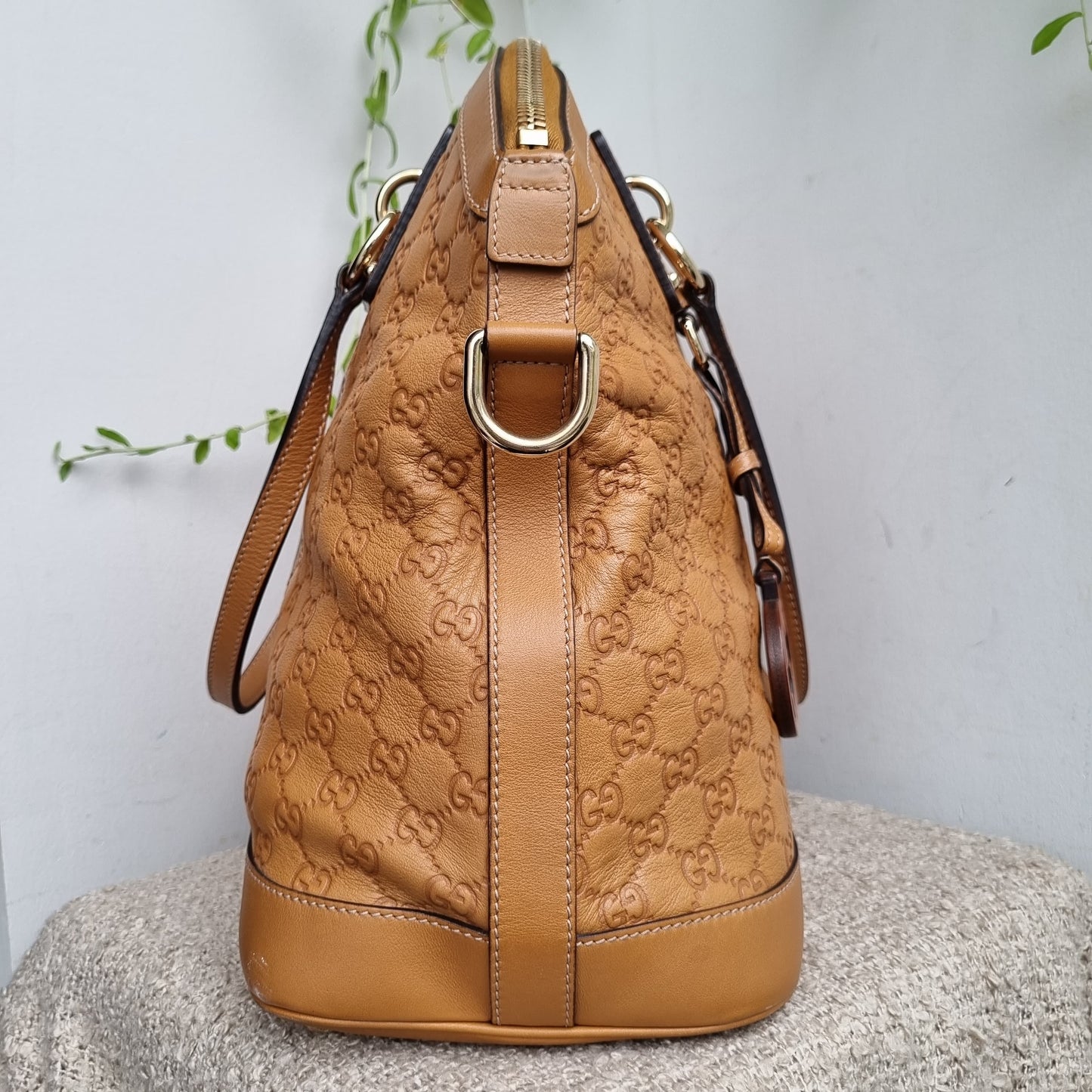 Gucci Guccissima GG Charm Convertible Dome Satchel Tan Size 38x19x34