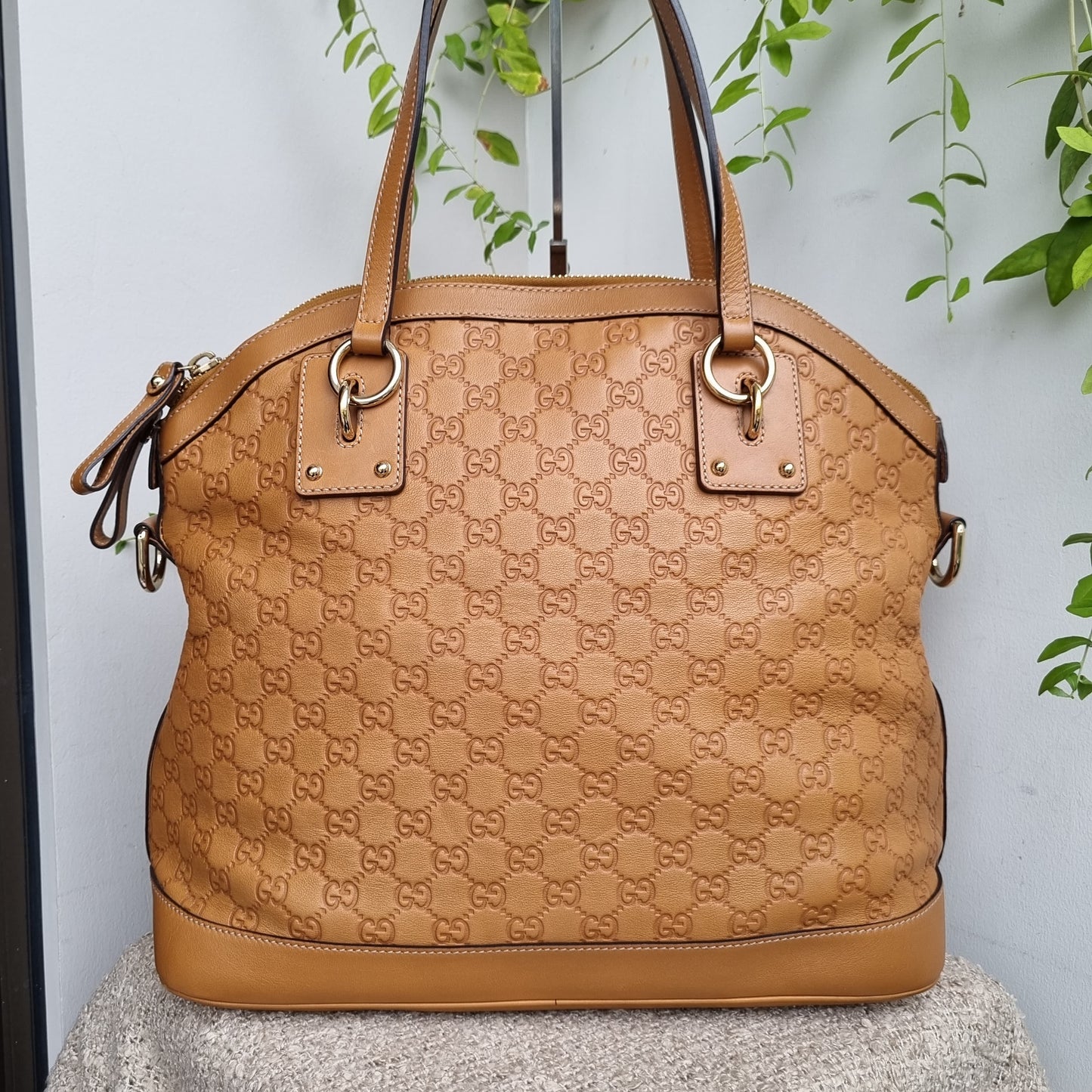 Gucci Guccissima GG Charm Convertible Dome Satchel Tan Size 38x19x34