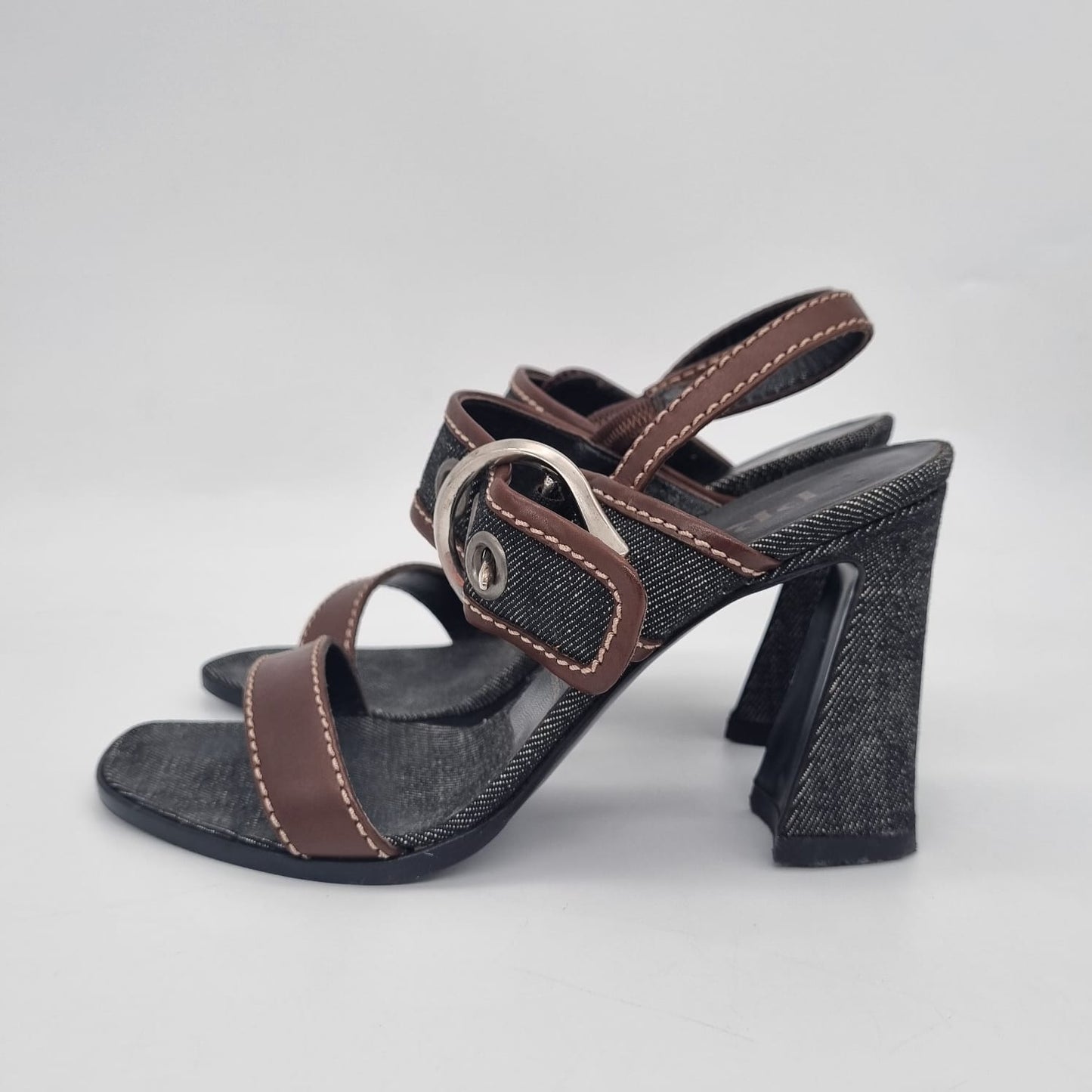 Prada Denim Sandal Pump Black Brown Size 36/24