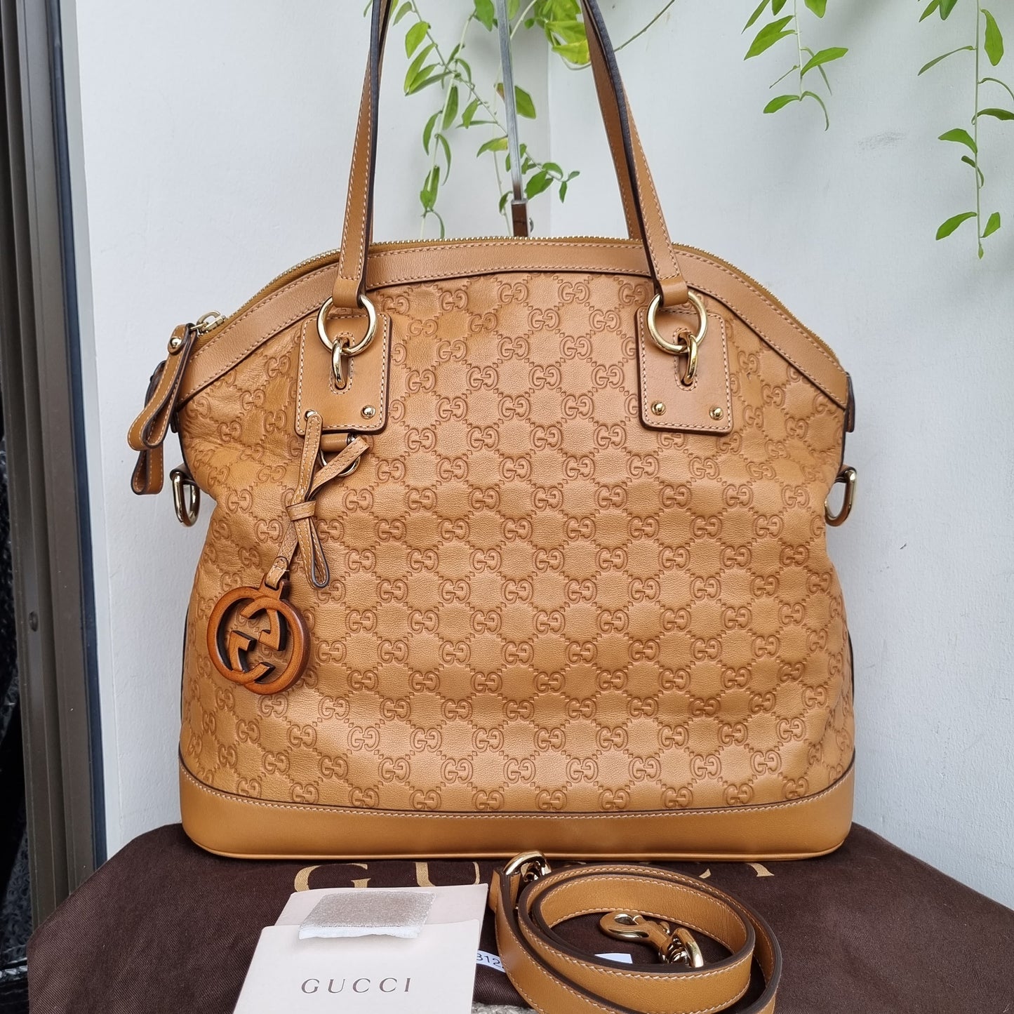 Gucci Guccissima GG Charm Convertible Dome Satchel Tan Size 38x19x34
