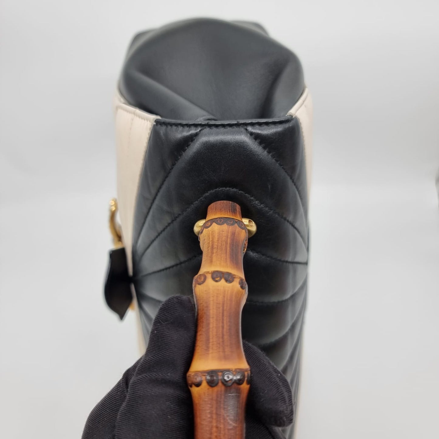 Gucci Bamboo Queen Margaret Top Handle Black White Size 30x8x22