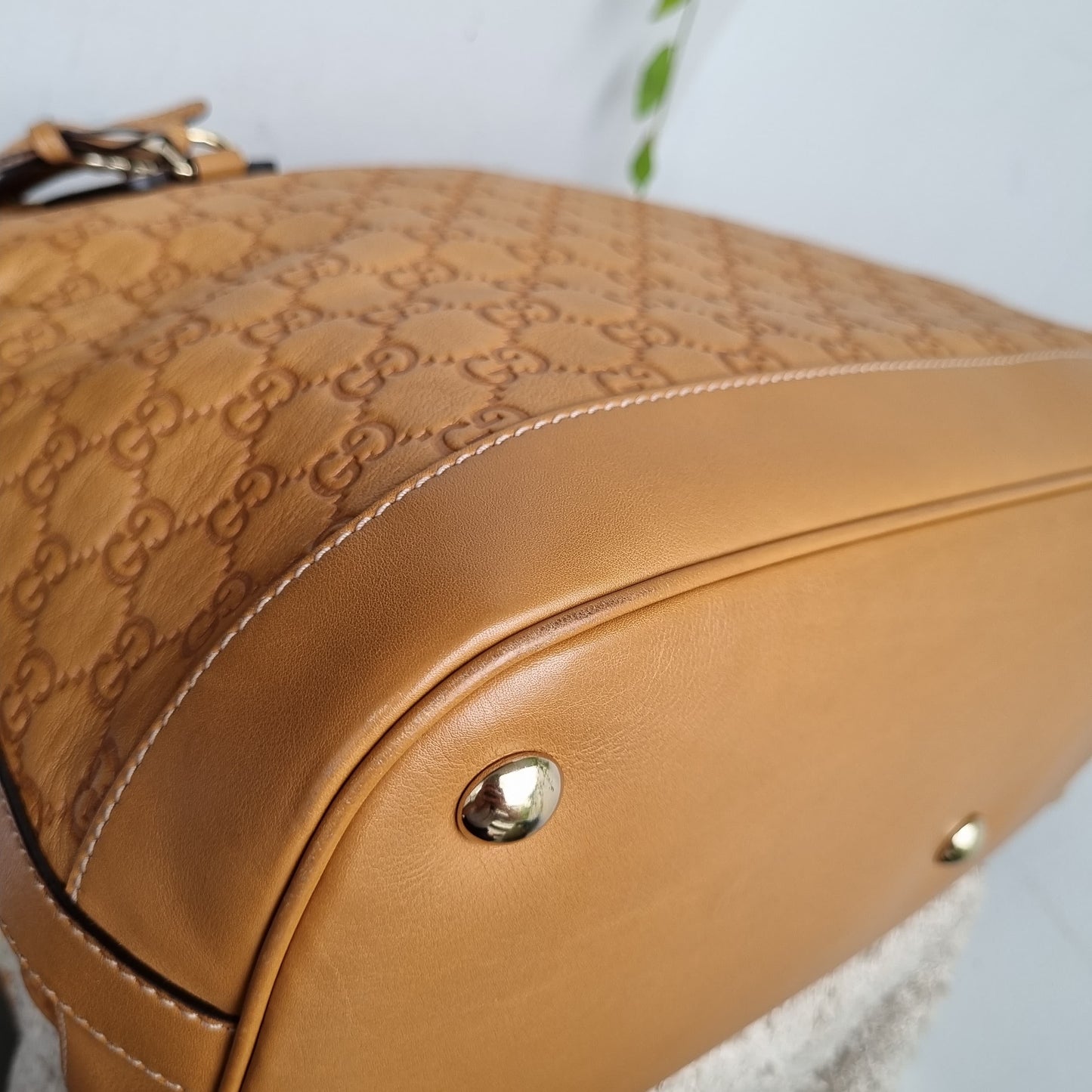 Gucci Guccissima GG Charm Convertible Dome Satchel Tan Size 38x19x34