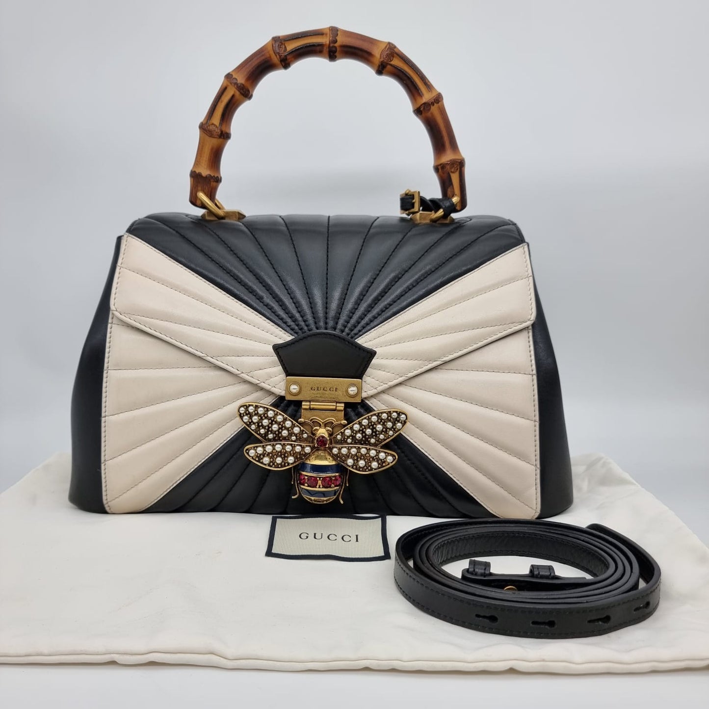 Gucci Bamboo Queen Margaret Top Handle Black White Size 30x8x22