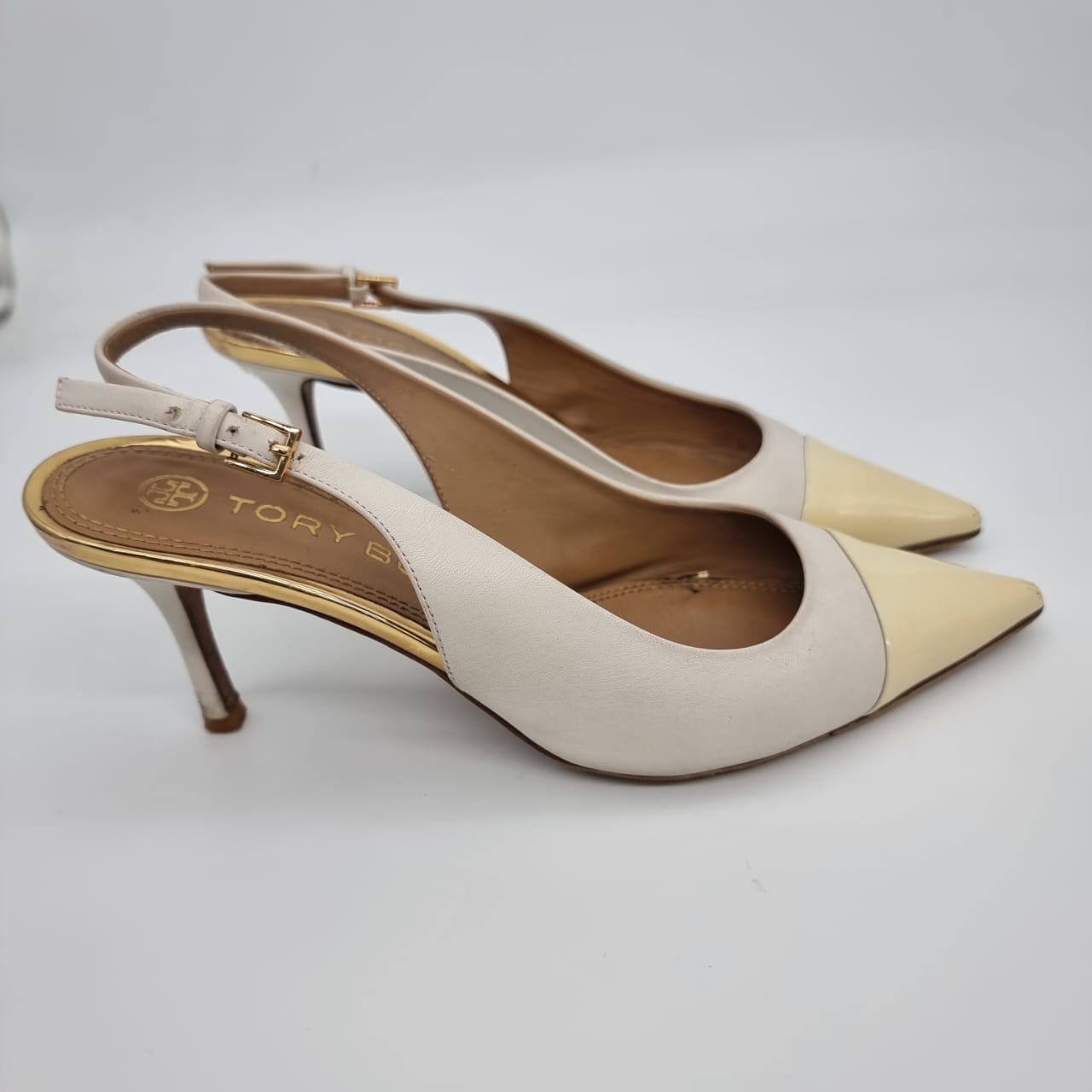 Tory Burch Kitten Heels Slingback White Cream Size 9/26 Dari Ujung