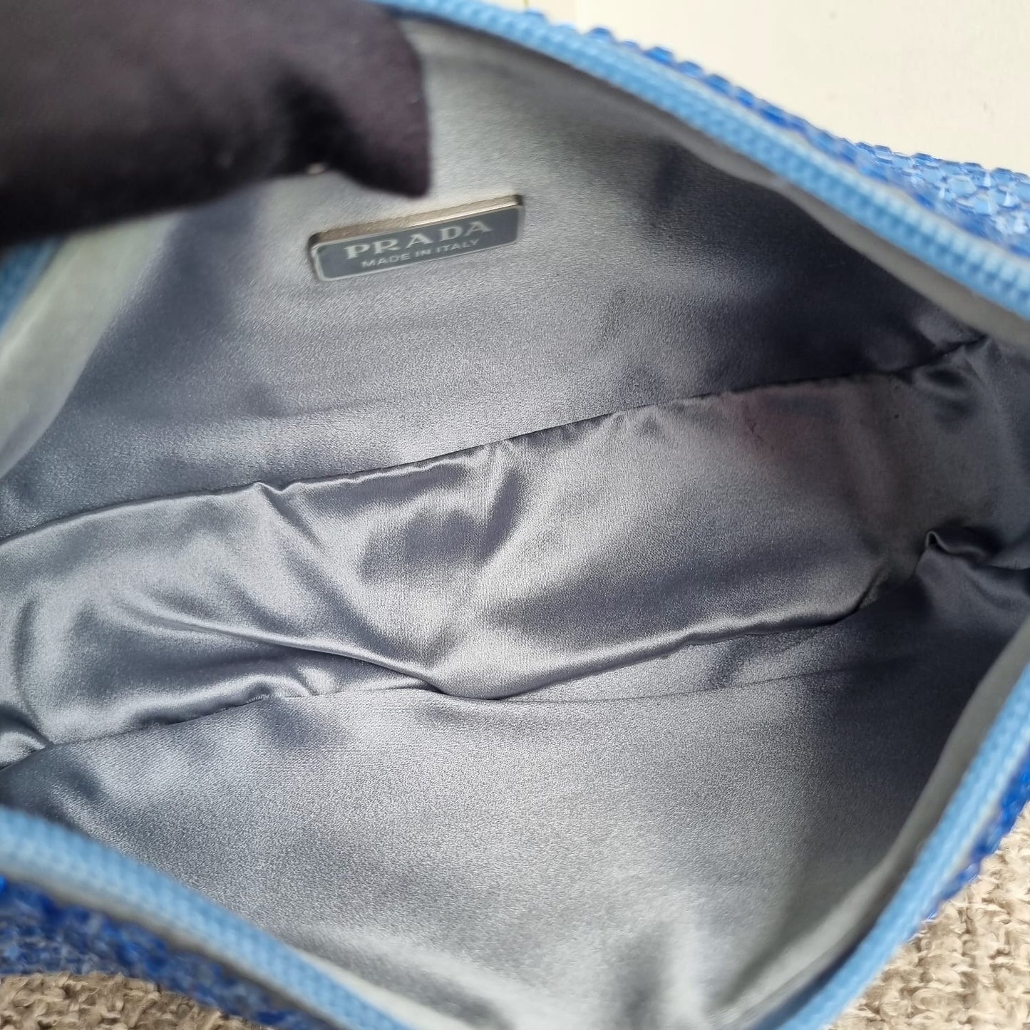 Prada Re Edition Crystal Embellished Satin Blue Size 22x6x16