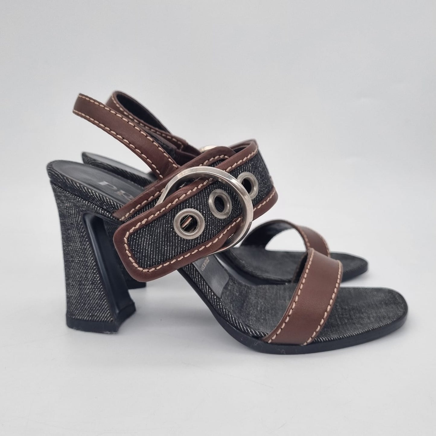 Prada Denim Sandal Pump Black Brown Size 36/24