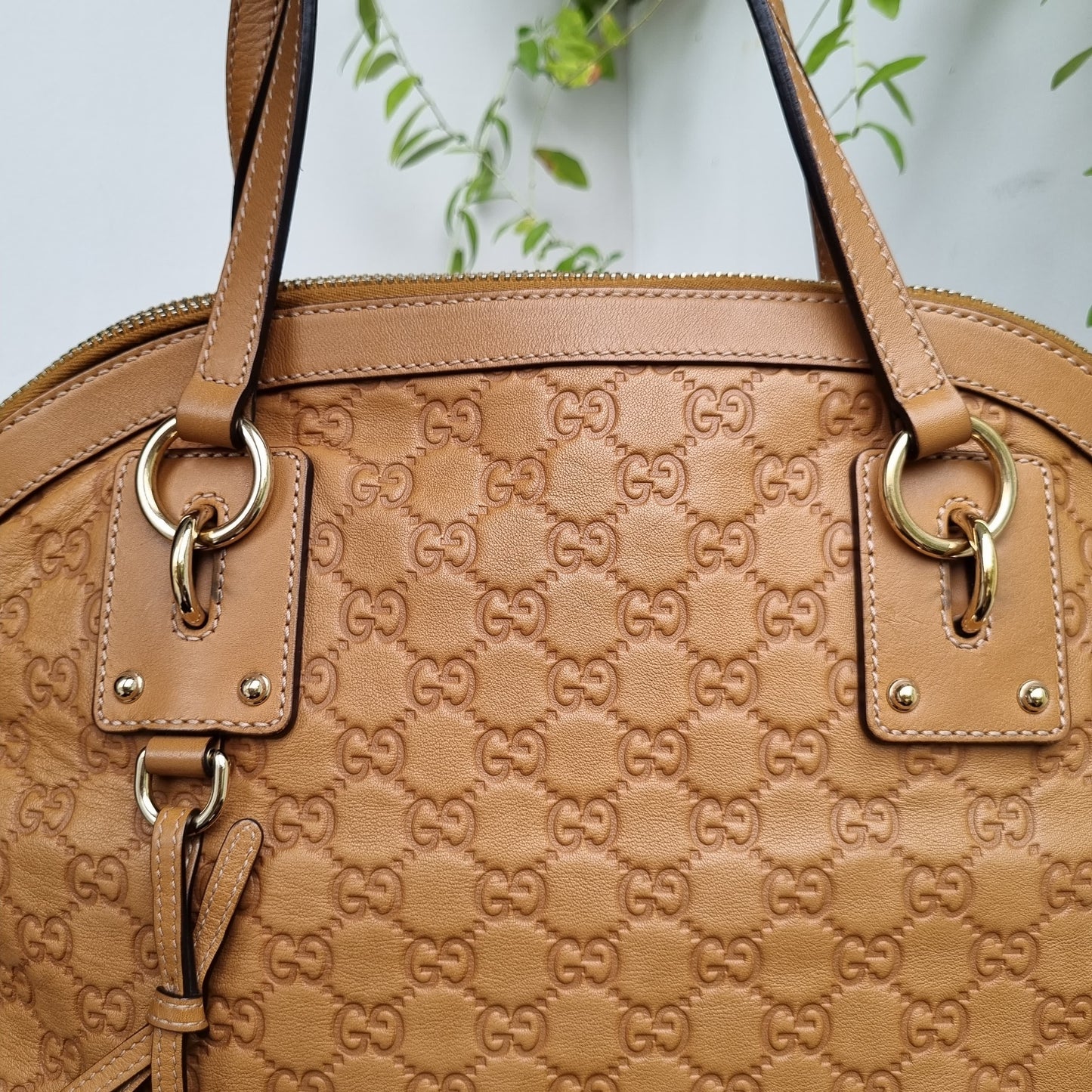 Gucci Guccissima GG Charm Convertible Dome Satchel Tan Size 38x19x34