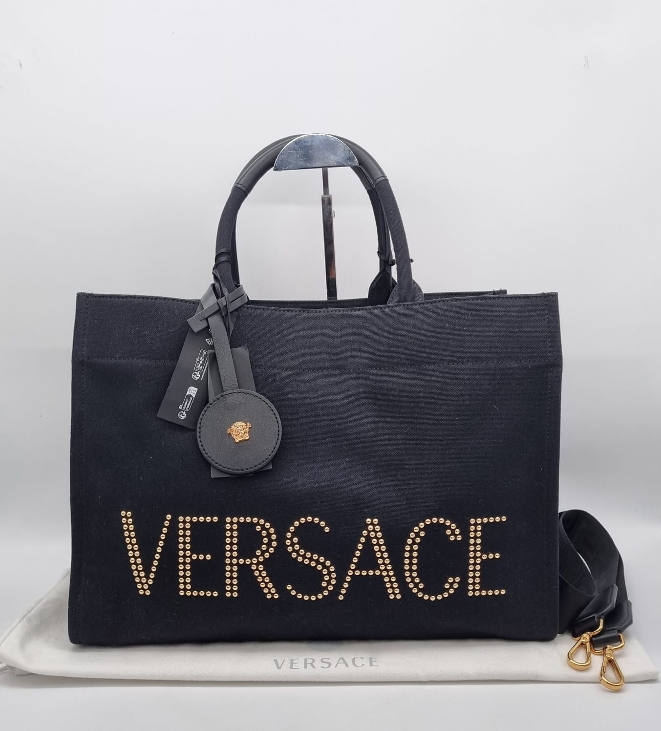 Versace Large Tote Bag With Logo Fabric Stud Black Size 39x16x28