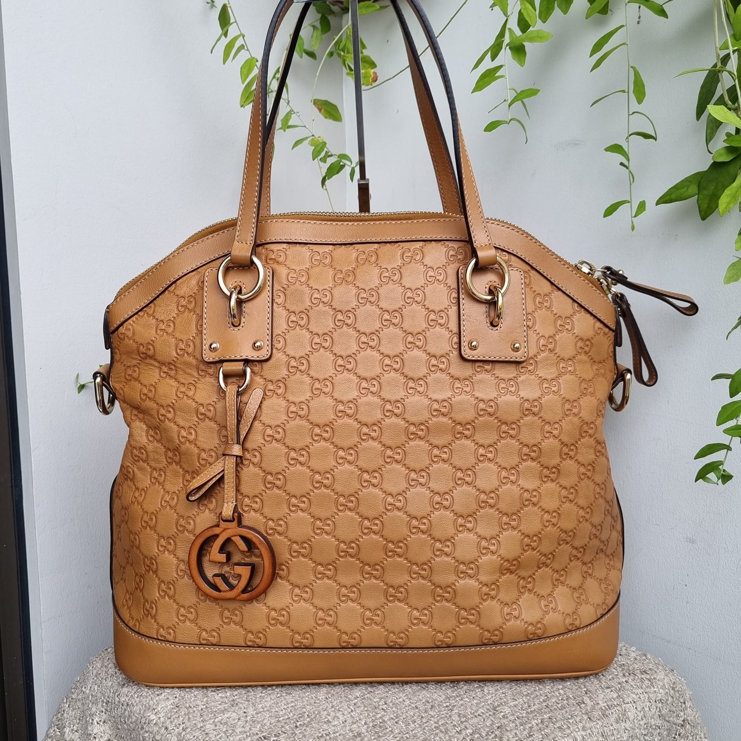 Gucci Guccissima GG Charm Convertible Dome Satchel Tan Size 38x19x34