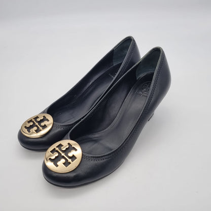 Tory Burch Weadges Gold Logo Black size 7.5M insole 24.5cm