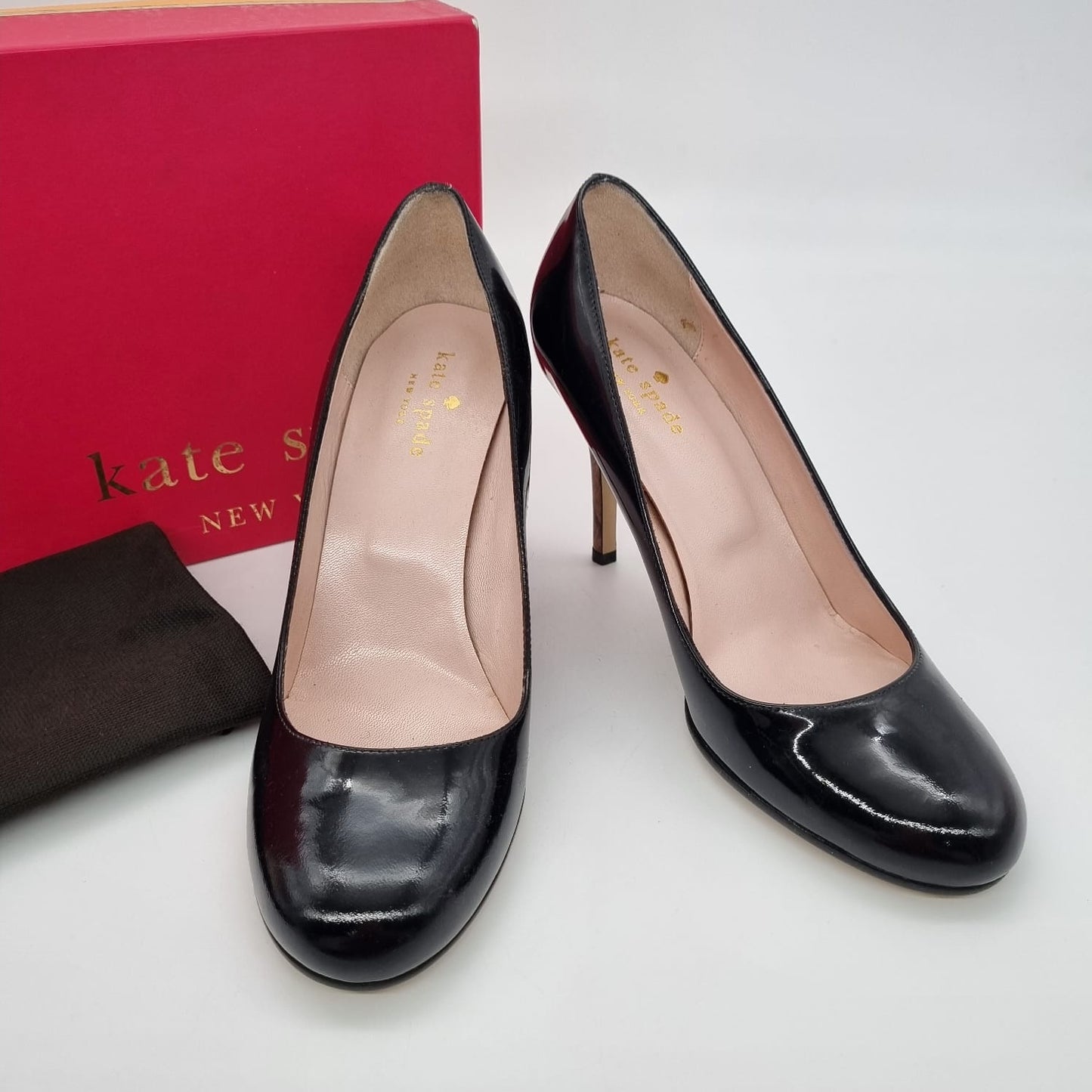 Kate Spade Karolina Black Patent Burlwood Heels Size 38/24