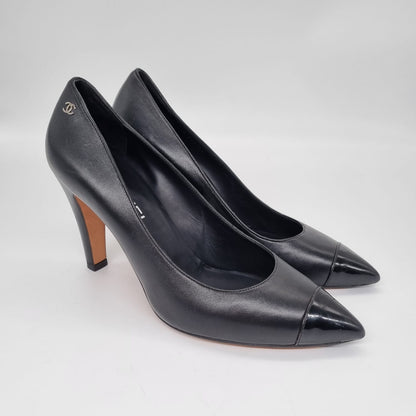 Chanel Pointed Cap Toe Pumps Patent Leather Black Size 41/26