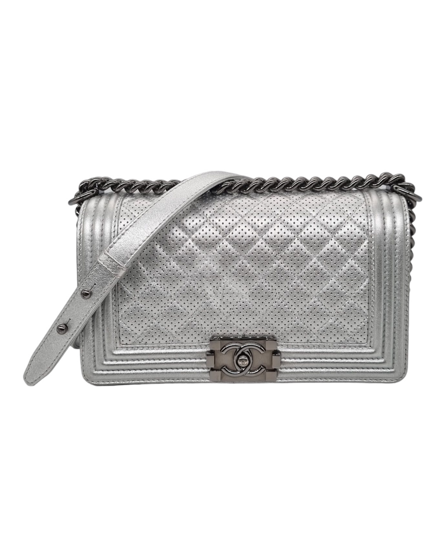 Chanel Boy Medium Silver Metallic RHW #18 Size 24x6x15