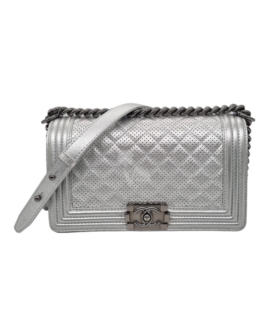 Chanel Boy Medium Silver Metallic RHW #18 Size 24x6x15