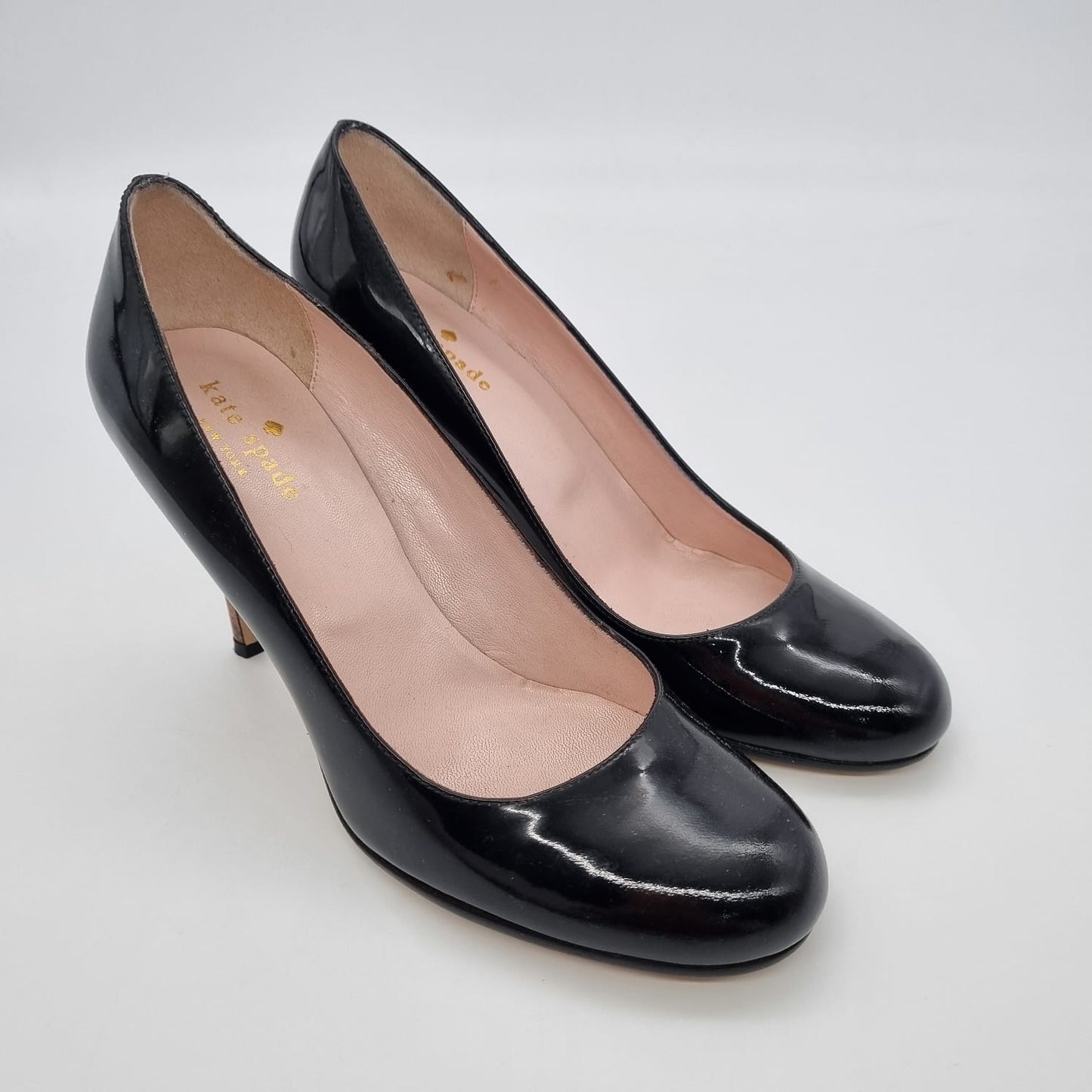 Kate Spade Karolina Black Patent Burlwood Heels Size 38/24