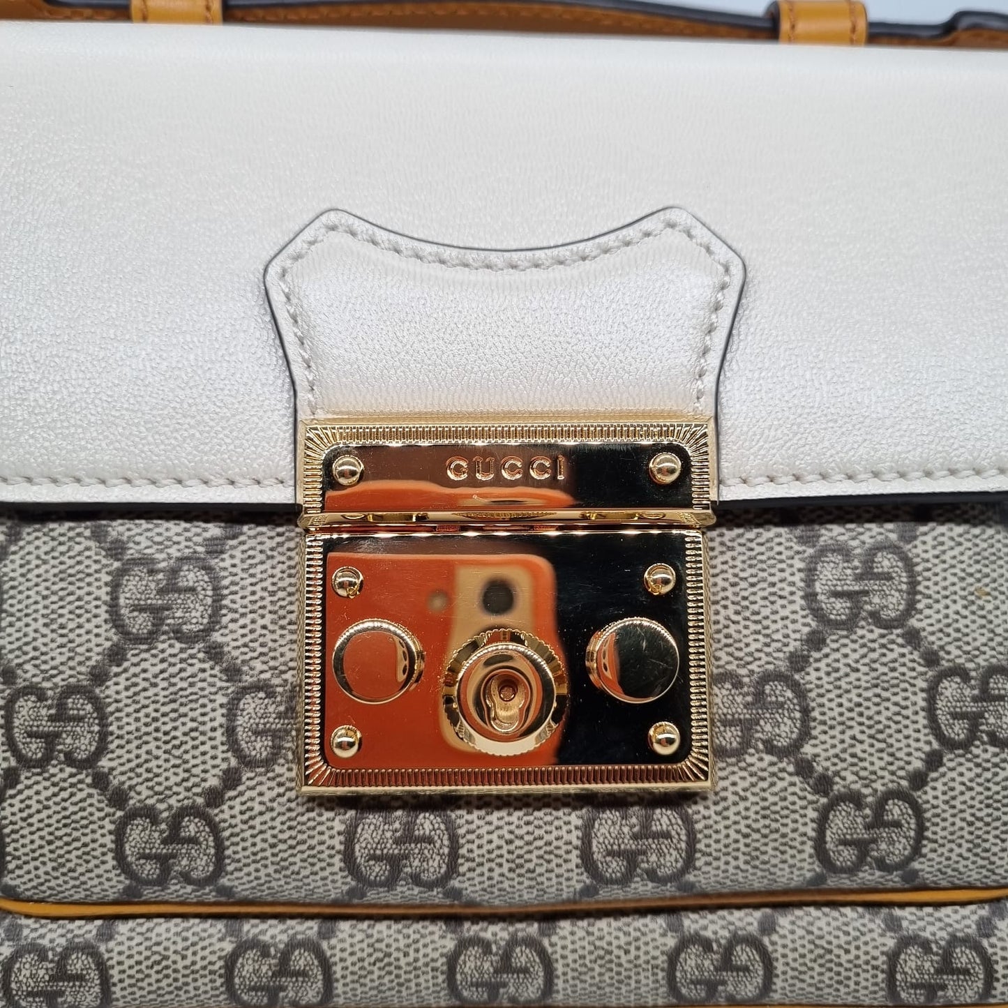 Gucci Padlock GG Supreme Mini Flap Shoulder Bag White Mustard 2023 NEW Size 20x4x15