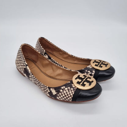 Tory Burch Minnie Captoe Ballet Stamped Snake Printed Nappa Leather Size 5/22