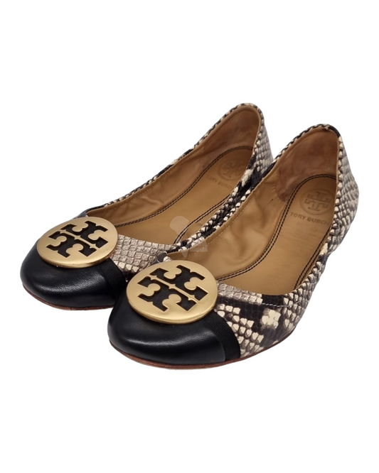 Tory Burch Minnie Captoe Ballet Stamped Snake Printed Nappa Leather Size 5/22