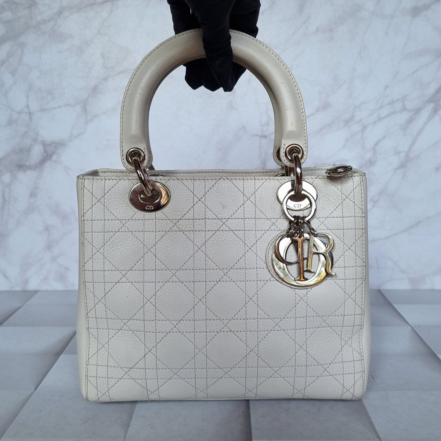 Dior Lady Dior Medium Leather White 2003 Size 24x10x21