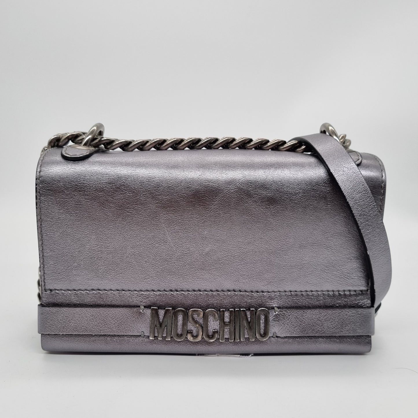 Moschino Handbag Leather Grey Metalic Size 20x7x13