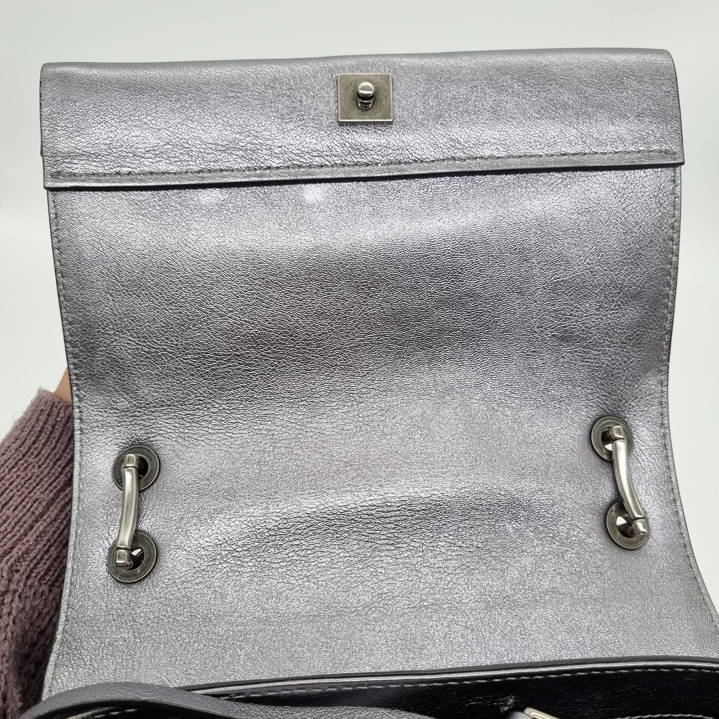 Moschino Handbag Leather Grey Metalic Size 20x7x13