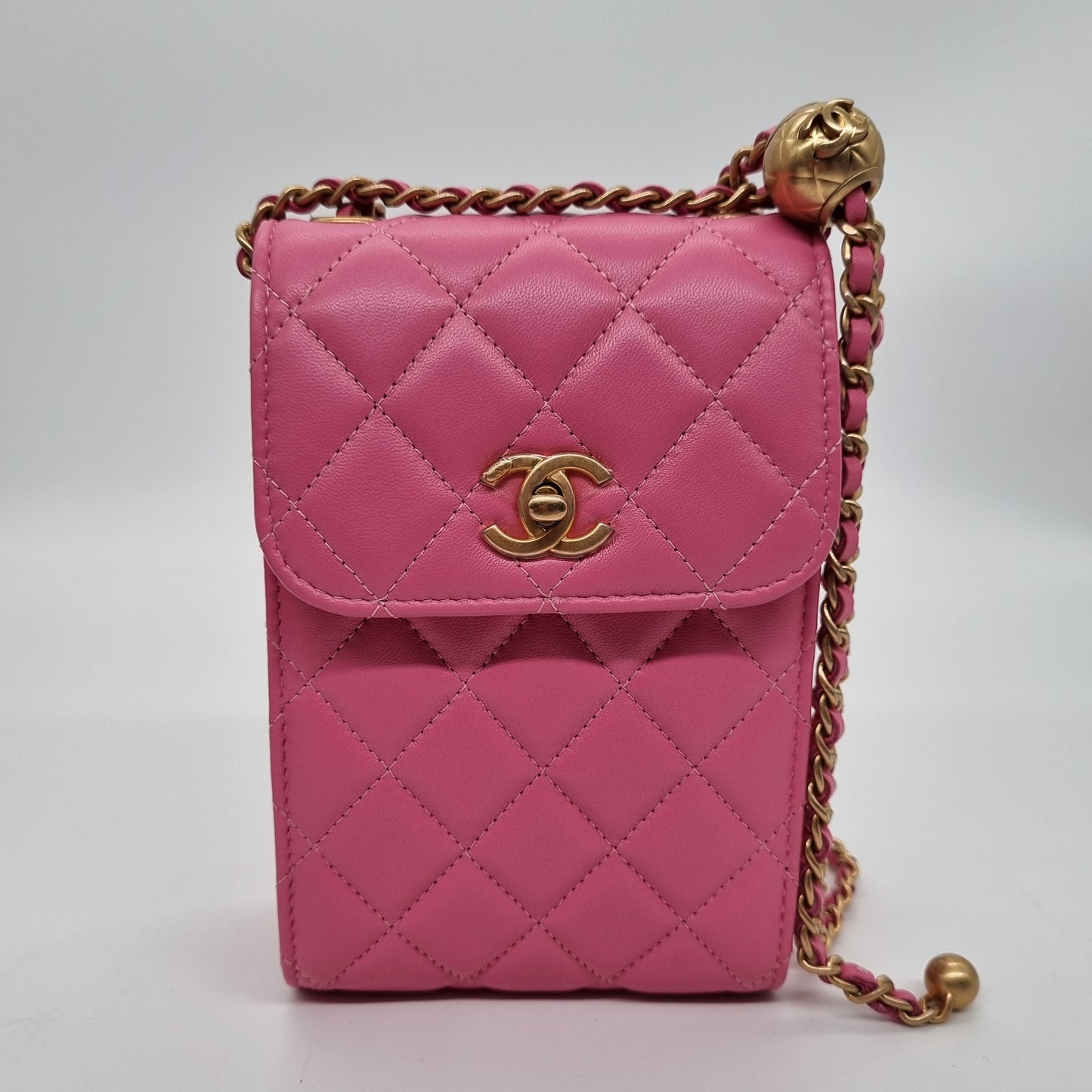 Chanel Phone Holder Flap Pink Pearl Crush GHW #29 NEW Size 11x3x18