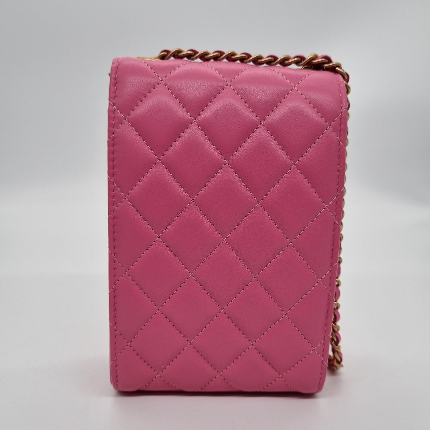 Chanel Phone Holder Flap Pink Pearl Crush GHW #29 NEW Size 11x3x18