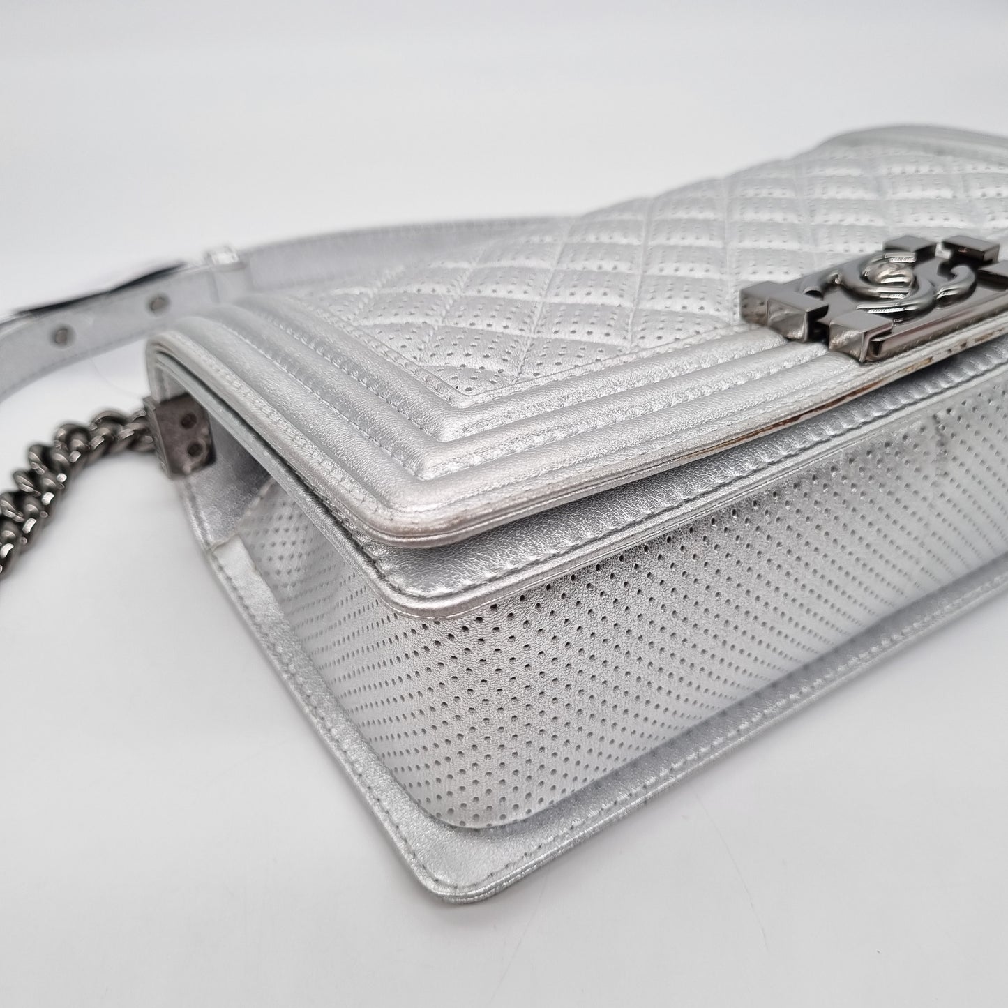 Chanel Boy Medium Silver Metallic RHW #18 Size 24x6x15