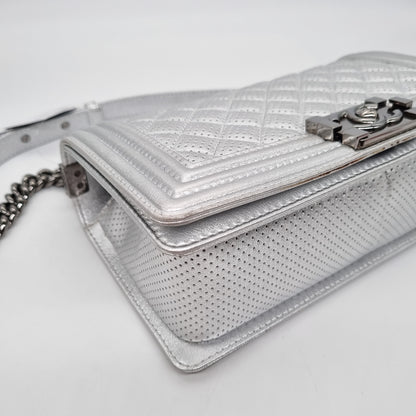 Chanel Boy Medium Silver Metallic RHW #18 Size 24x6x15