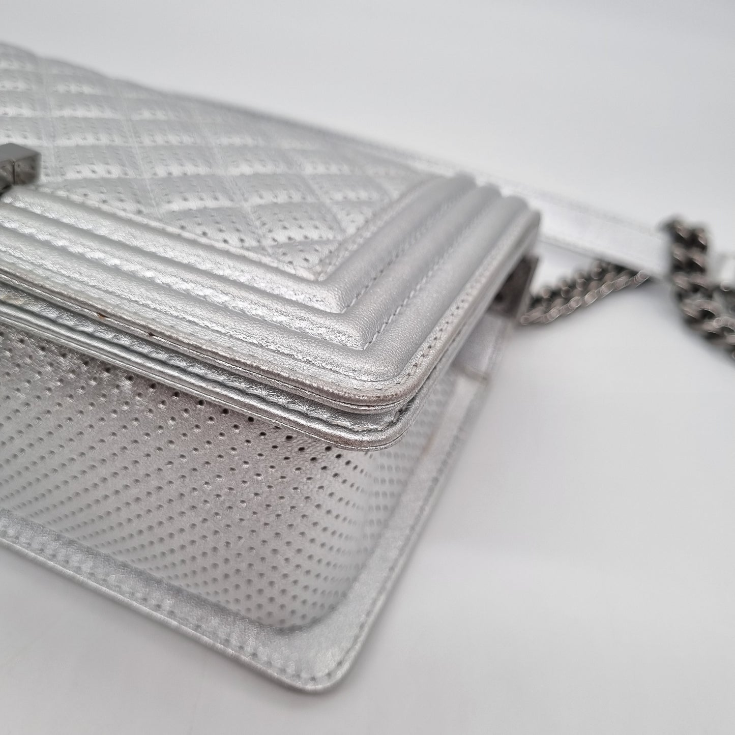 Chanel Boy Medium Silver Metallic RHW #18 Size 24x6x15