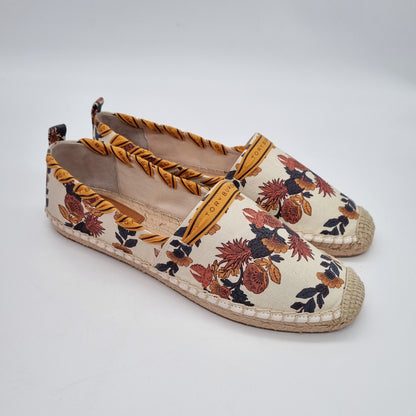 Tory Burch Grossgrain Whipstitch Espadrille Recycled Printed Canvas Orange Wonderland NEW Size 9,5/26